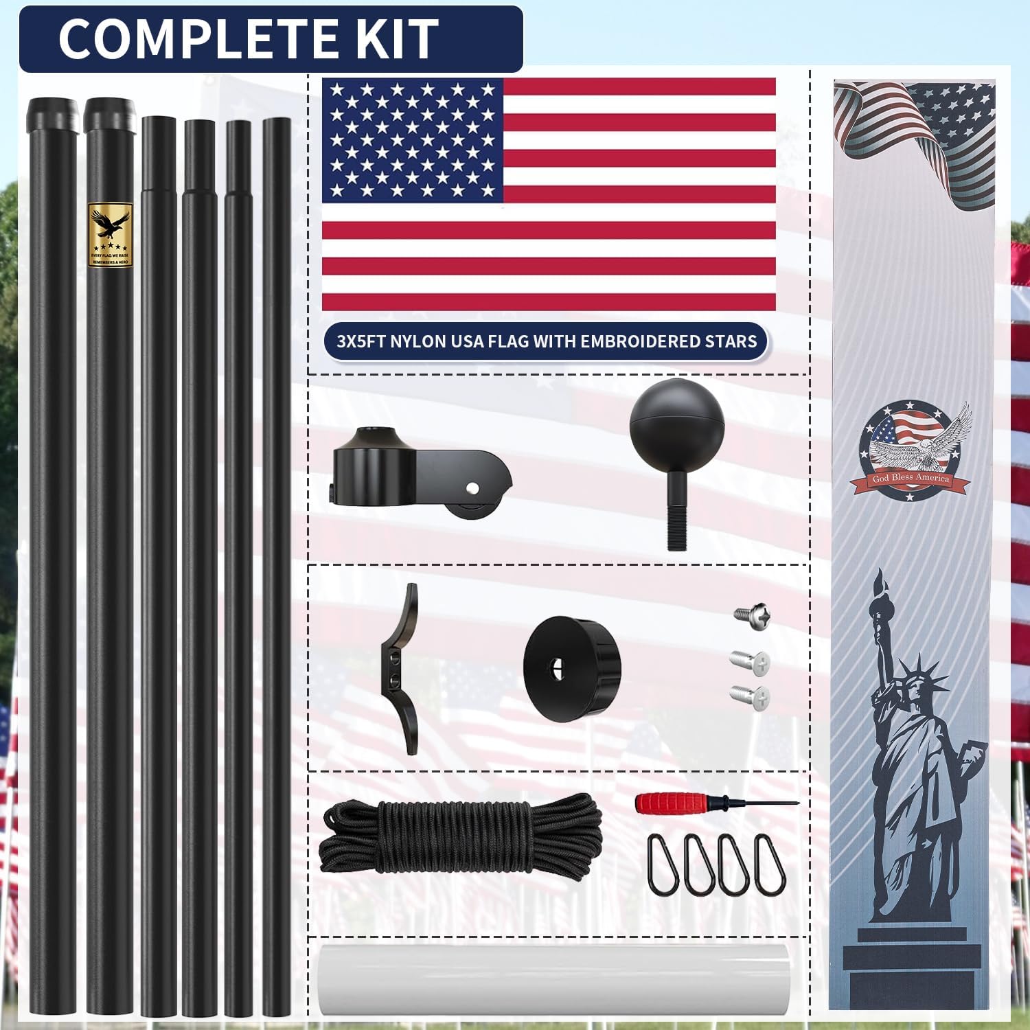 25FT Heavy Duty Flag Pole Kit, Real 11 Gauge Aluminum, 2.4" Large Bottom Tube, True Glory Edition,In Ground Flagpole for Outside House,Residential & Commercial, Gift Box Packaging-120MPH Wind Tested - Image 6