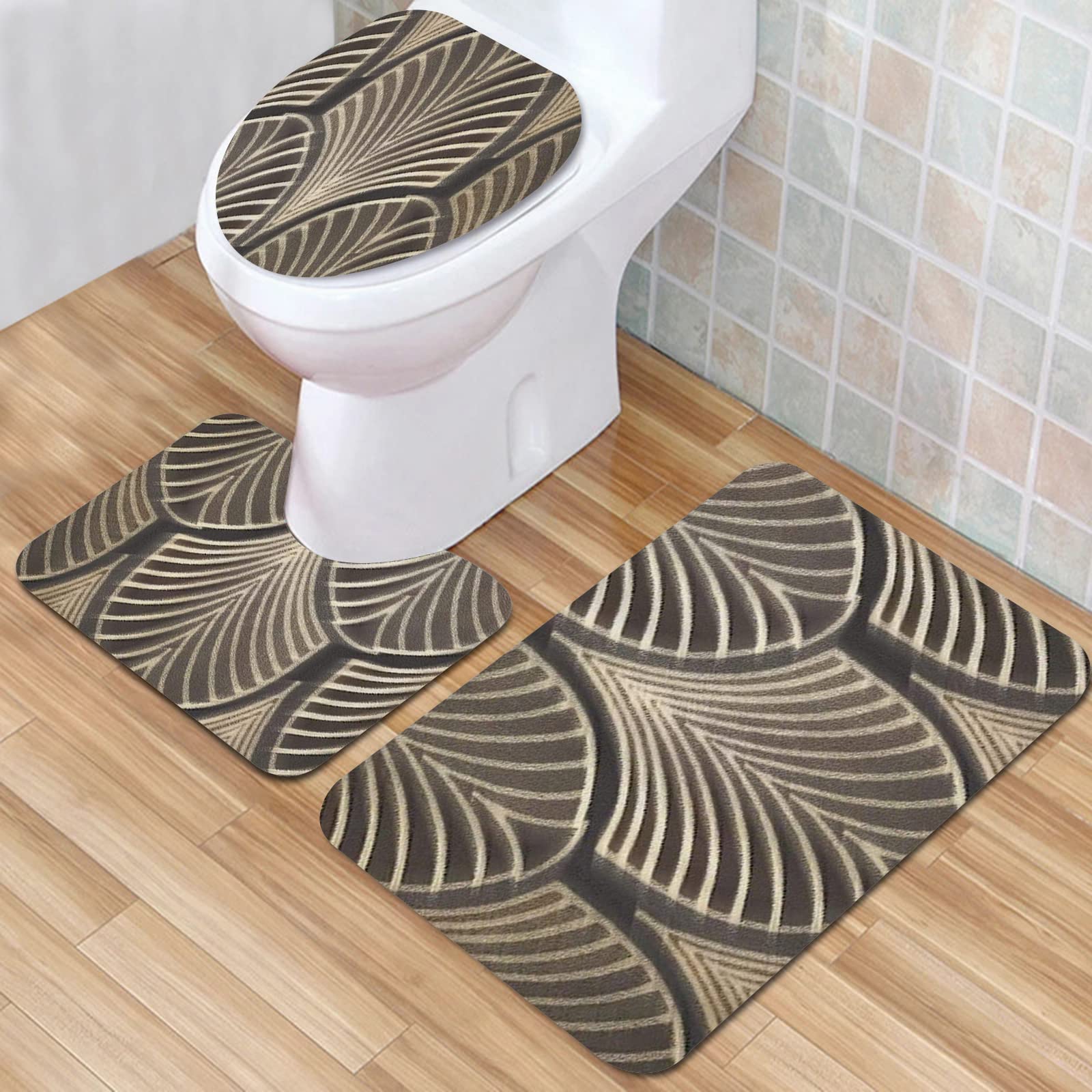 IUBBKI Bathroom Mat, Bathroom Non-slip Mat,Art Deco Fan Geometric,Bath Mat Set 3 Pieces Absorbent Non-Slip Bath Mat Toilet Rug Bath Rug for Bathroom, Bedroom, Kitchen