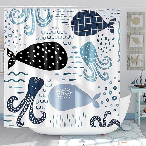 DESIHOM Juego de cortinas de ducha de ballena azul, divertidas cortinas de ducha de dibujos animados de océano para baño, decoración de baño para