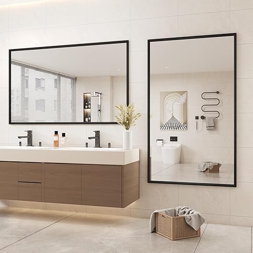 Miniatura 144 de Espejo de baño dorado, 48 x 30 pulgadas, espejo de marco de metal dorado cepillado para pared, espejo rectangular redondeado de tocador de baño