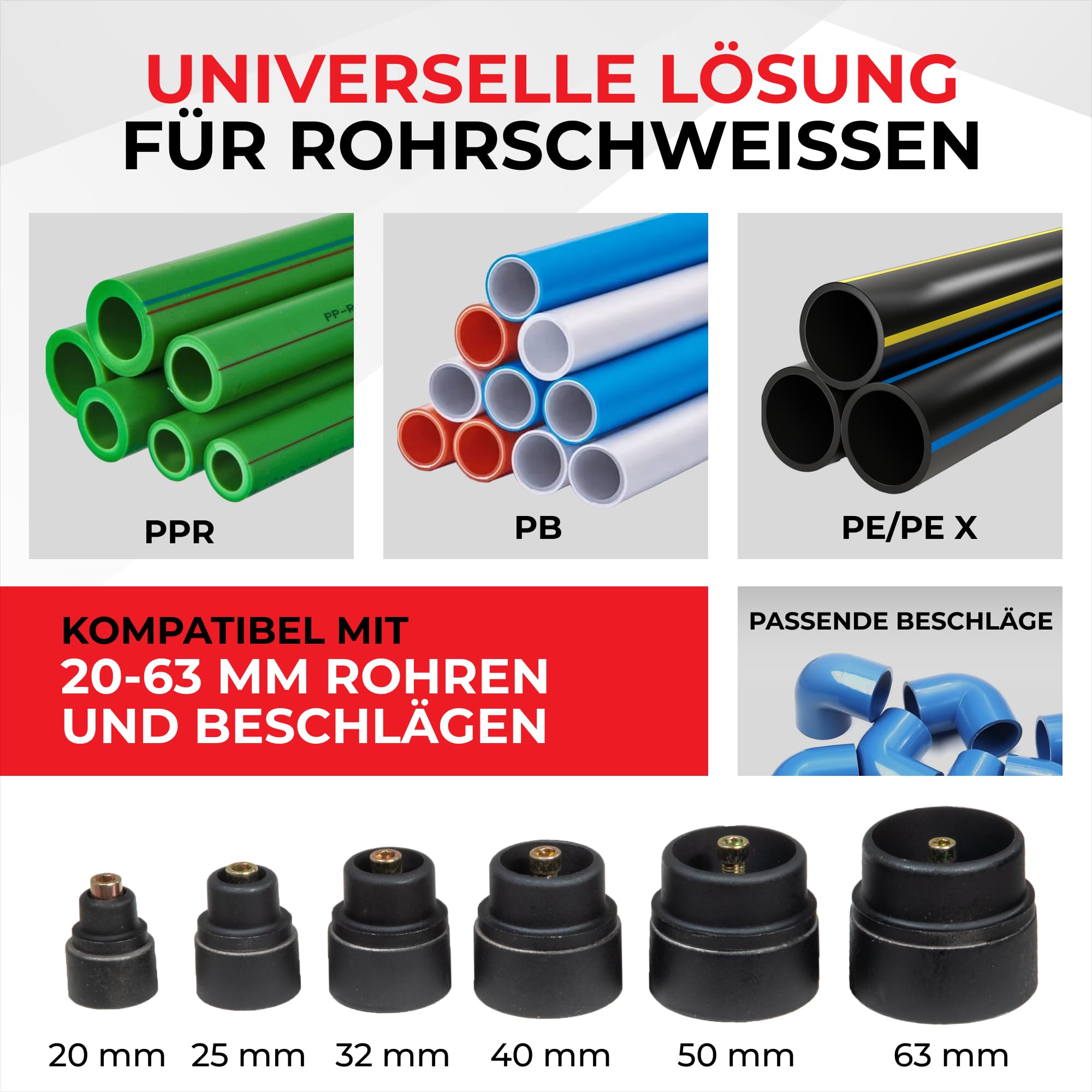 STREND PRO Muffenschweißgerät |1500W Polyfusions | Schweißgerät für Kunststoffrohre Ø20–63 mm - PPR, PE | Profi-Rohrschweißgerät mit 14-teiligem Zubehör | 0–300°C Temperaturregelung | Schweißgerät