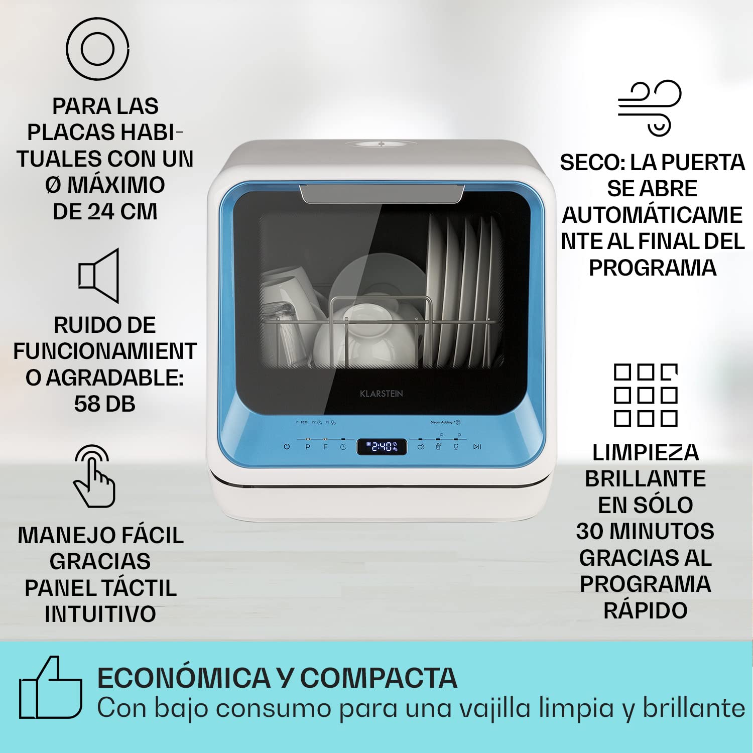 Klarstein Amazonia Mini Lavavajillas – Compacto, 7 Programas, 5L Depósito o Conexión Directa, Silencioso 58dB, Clase energética D, Pantalla Digital, Lavavajillas Portátil para Cocina Pequeña, Azul
