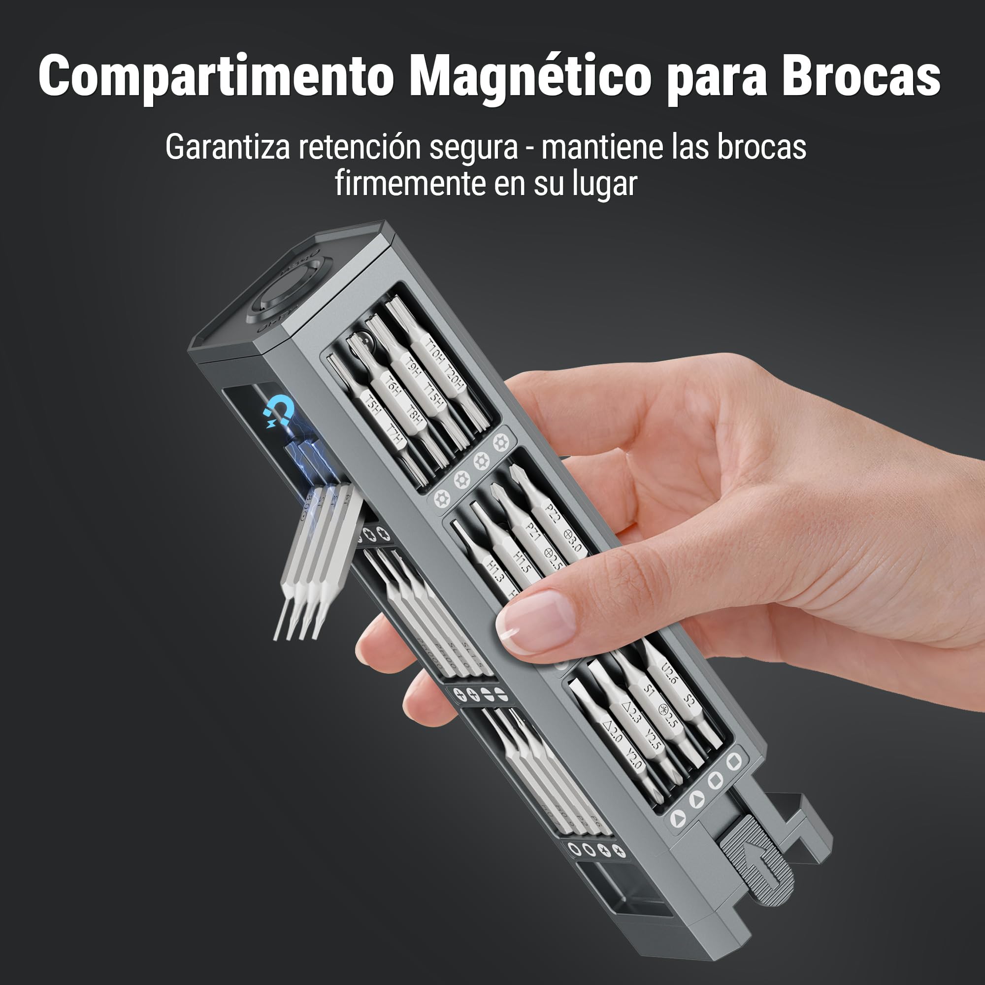 WORKPRO Destornilladores Precisión 60 en 1, Puntas Magnéticas CR-V | Estuche Compacto de Aluminio con Mango Giratorio para Reparar Electrónica, Gafas, Relojes y Móviles