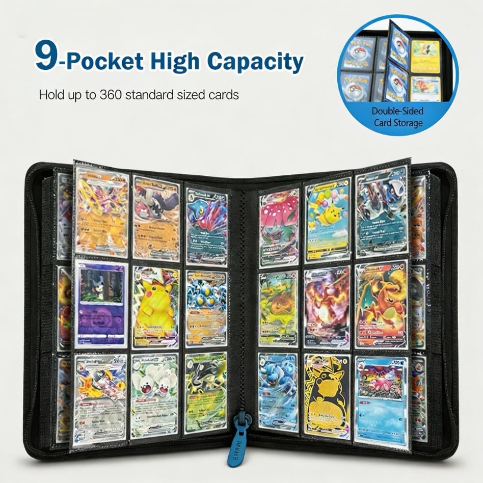 Douper Card Binder for Pokemon Cards 9 Pocket 360 Trading Cards Games Collection Holder Book Folder with Customizable Label Slot and Side-Loading Sleeves (Blue) - Image 3