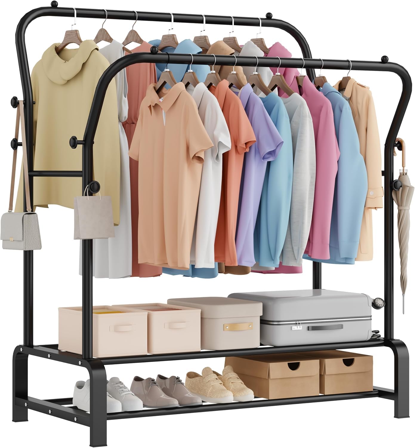 OPPAIYA Schwerlast Kleiderständer & Garderobenständer mit Doppel-Kleiderstange und 8 Haken, Stabiler Metall Kleiderwagen mit breiter Bodenablage, Für Schlafzimmer oder Flur – 110×51×145 cm