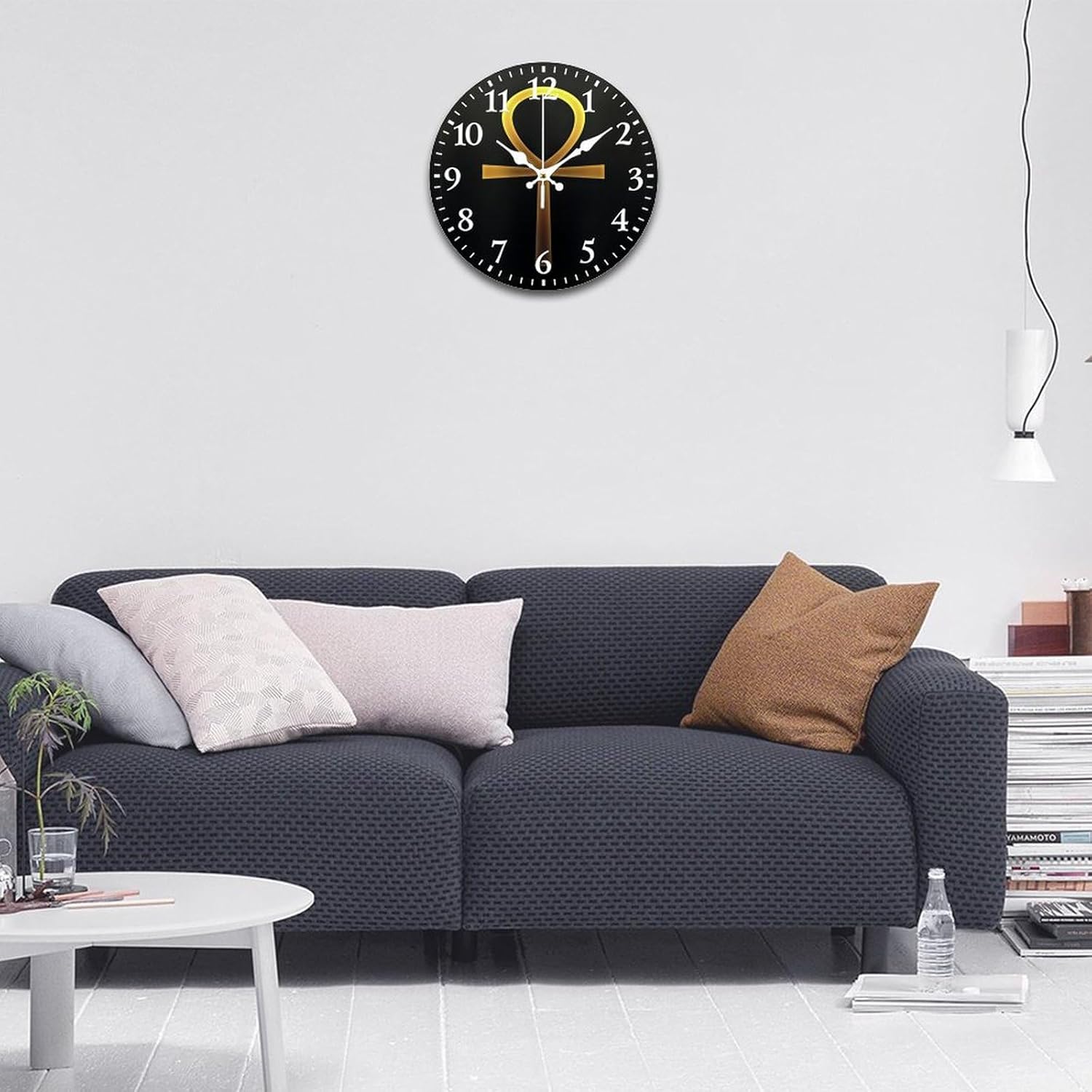 Gold Ancient Egyptian Ankh Silent Wall Clock, Vintage Rustic Decoration Round Wall Clock for Bedroom, Bathroom, Living Room, Home Office(34cm/13.39in)