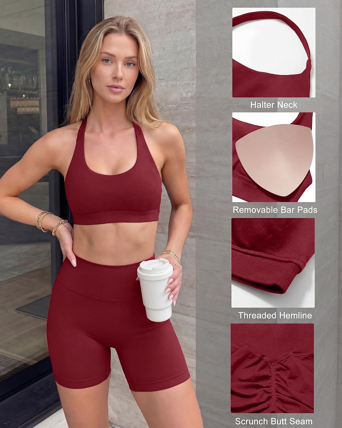 Coume 3 Piece Workout Set for Women High Waisted Leggings Butt Lifting Shorts Halter Sports Bra Gym Yoga Active Matching Set