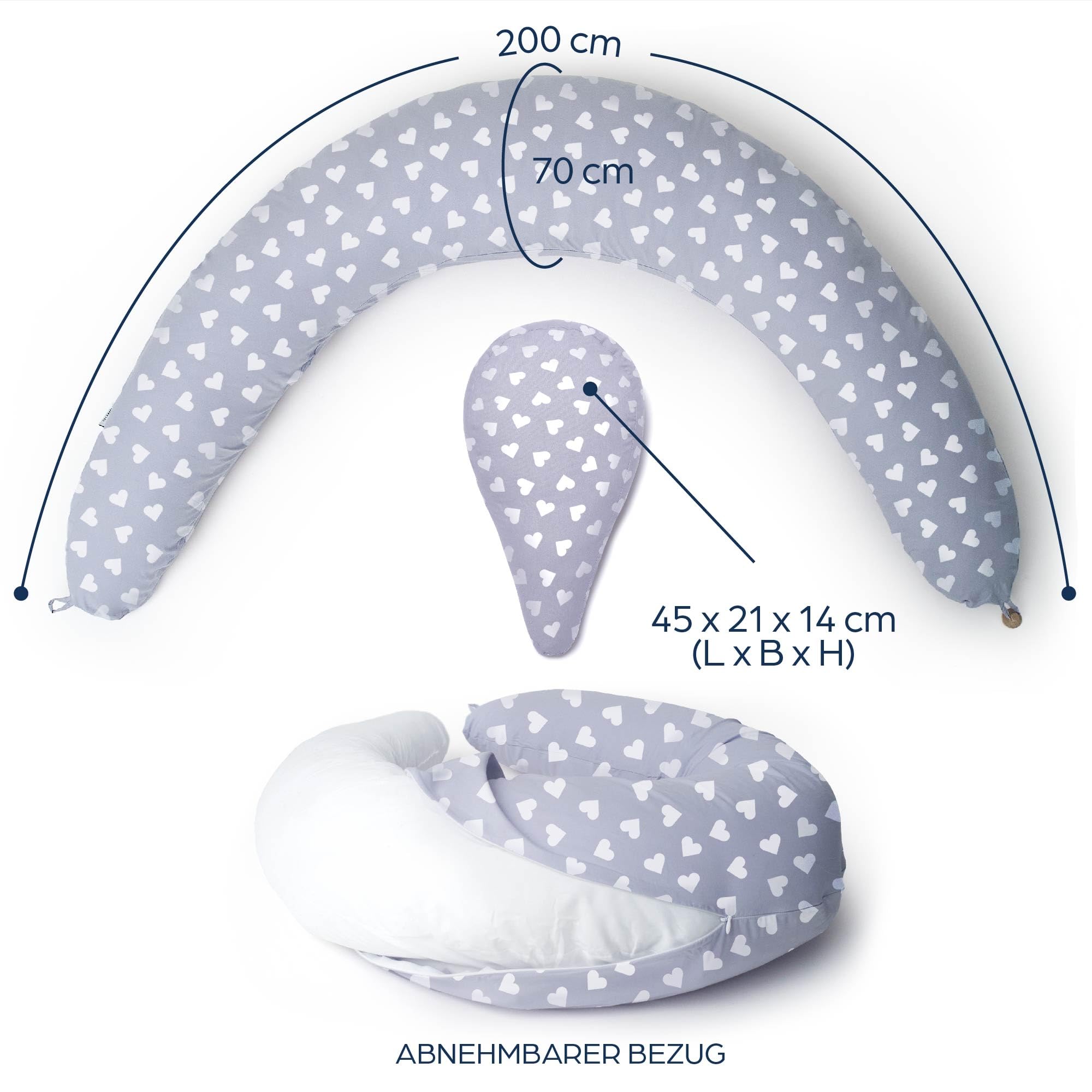 Niimo® XXL+ Seitenschläferkissen & Schwangerschaftskissen – 3-in-1 Stillkissen mit Extra-Kissen als Baby-Nest, 100% Baumwolle, Waschbar, Ergonomisch, Lagerungskissen Erwachsene (200 x 70 cm)