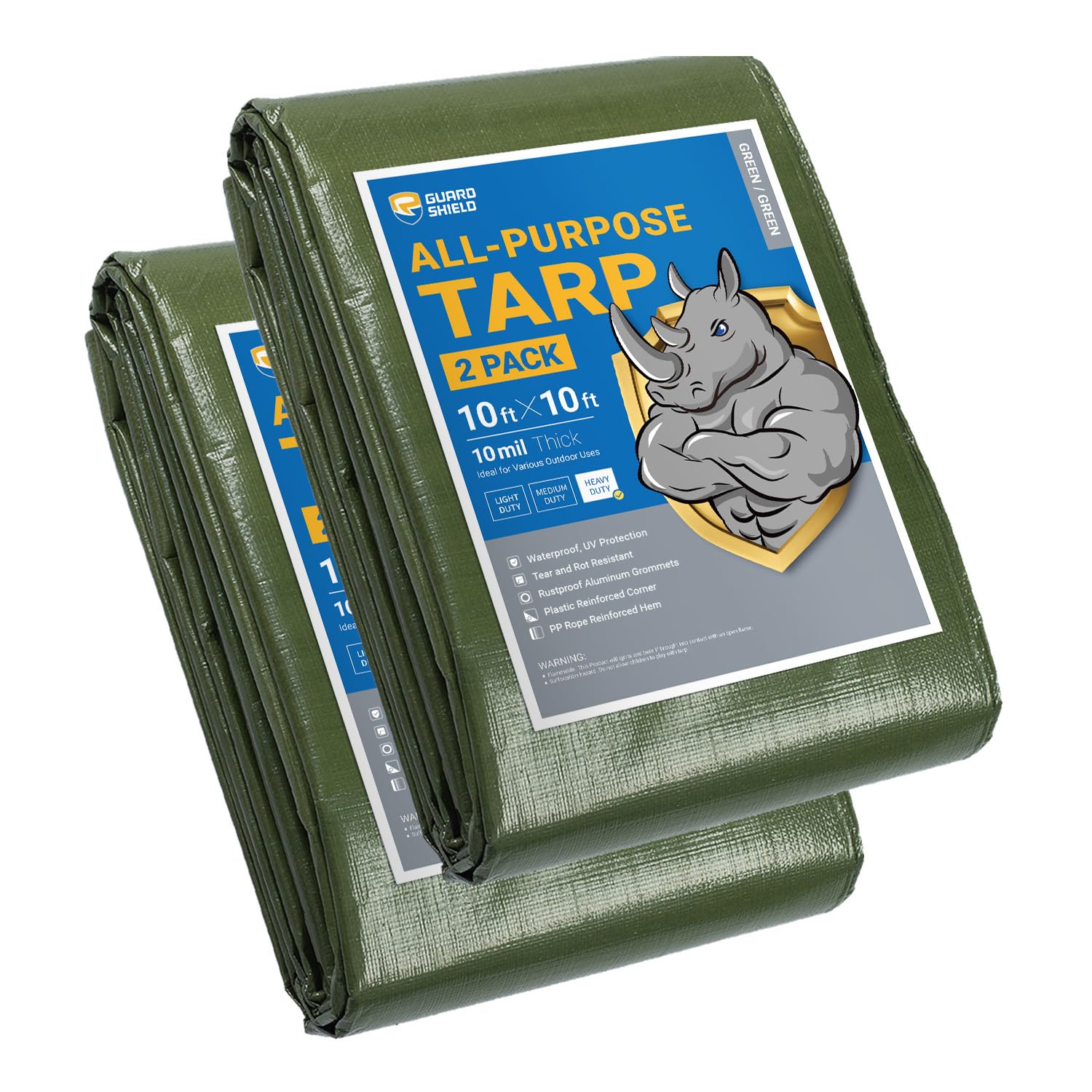 GUARD SHIELD Tarps Heavy Duty Waterproof 10x10 Feet Green Poly Tarp Cover Square Outdoor Thick UV Resistant Tarpaulin with Grommets 10mil (2-Pack)