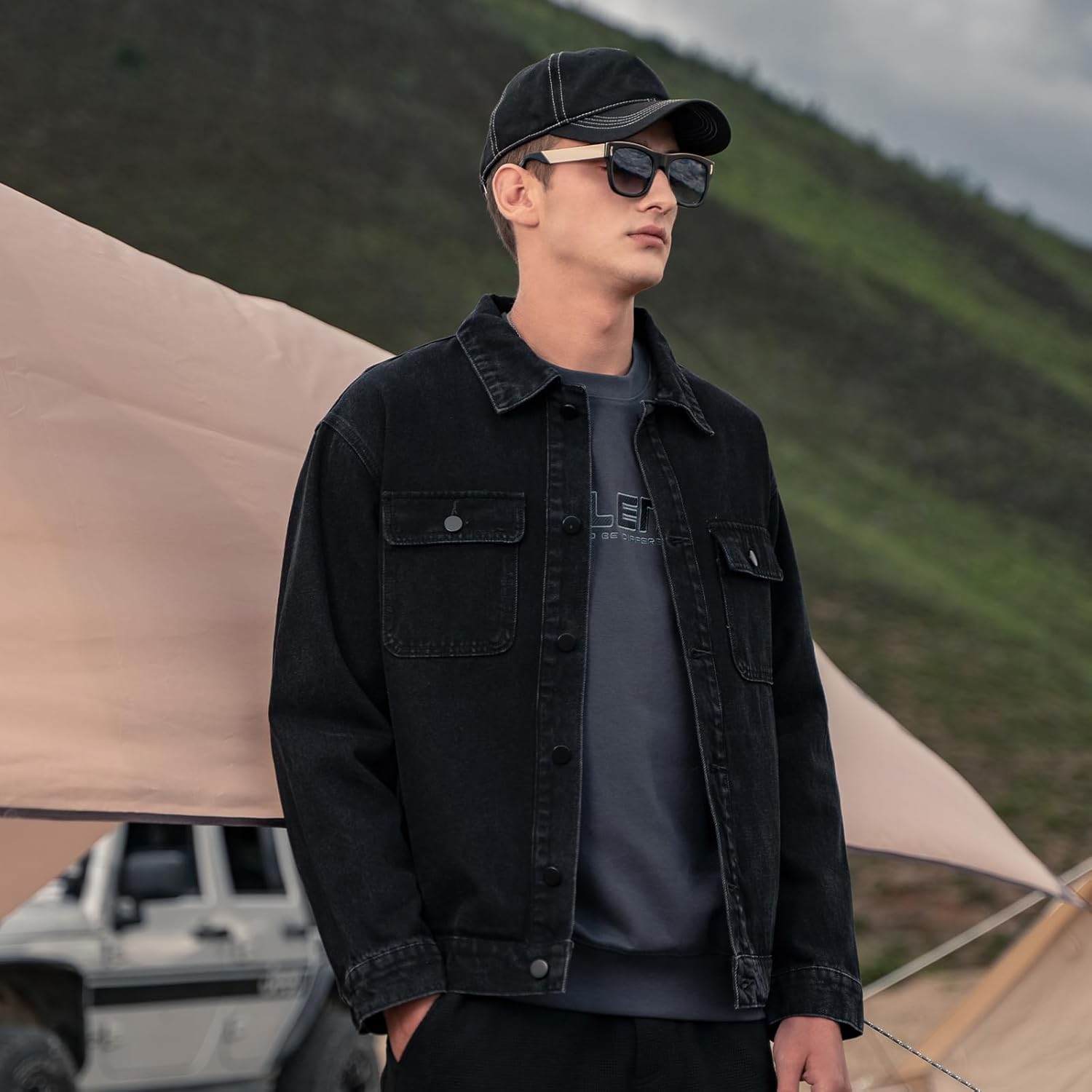 Denim Jacket Men Vintage Autumn and Winter Tops Mens Denim Trucker Jacket Black Small - Image 2