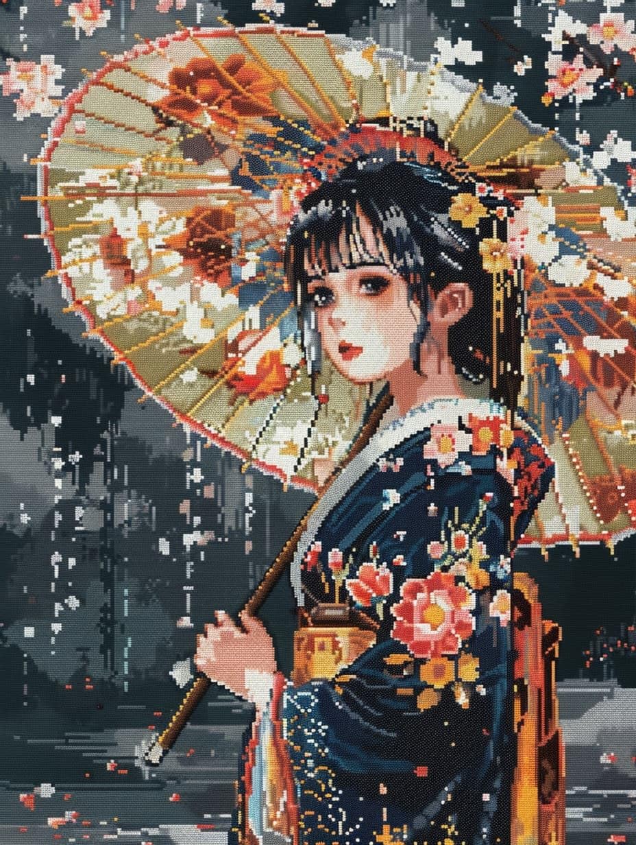 WallustrioaW Cross Stitch Kits,Cartoon Japanese Girl,DIY Needlework Kits 11CT Stamped Cross Stitch for Beginners Adults Home Bedroom Decoration,16x20in