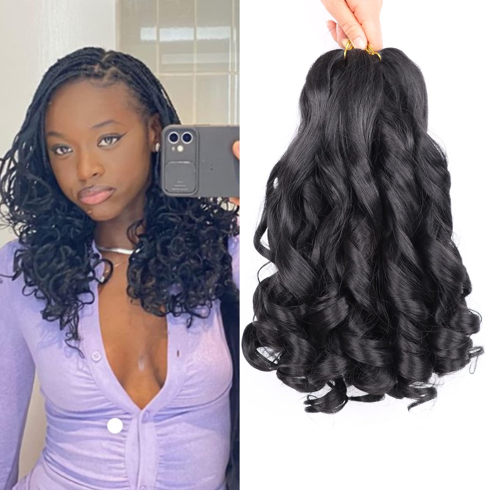French Curly Braiding Hair 14 Inch 8 Packs Curly Braiding Hair Pre Stretched for Box Braids French Curls Crochet Braids Bouncy Loose Wavy Braiding Hair Extensions(14 Inch, Natural Black)