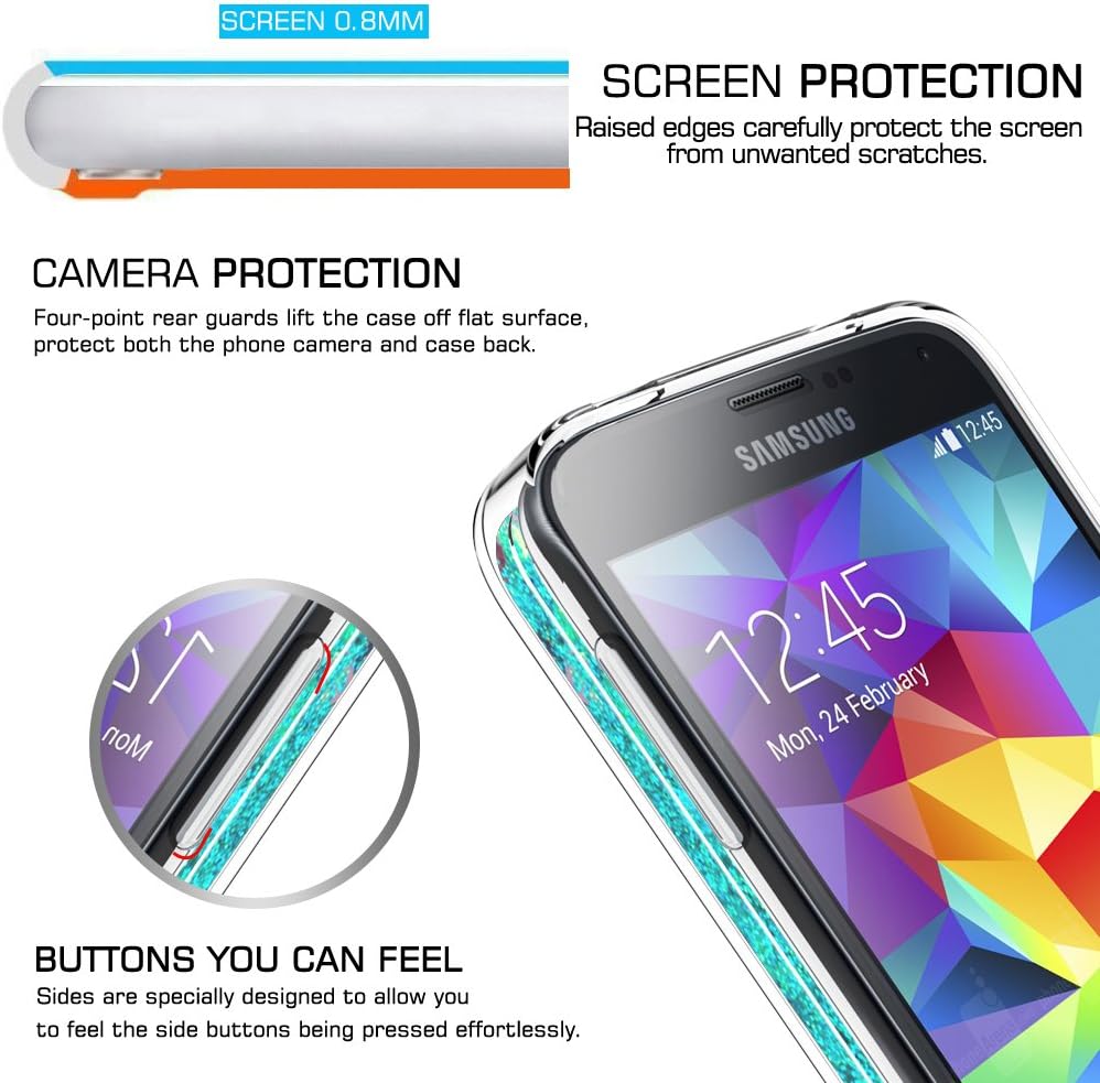 LeYi Galaxy S5 Case with Tempered Glass Screen Protector [2 Pack] for Girls Women, Bling Shiny Glitter Moving Quicksand Liquid Clear TPU Protective Phone Case for Galaxy S5 ZX Turquoise