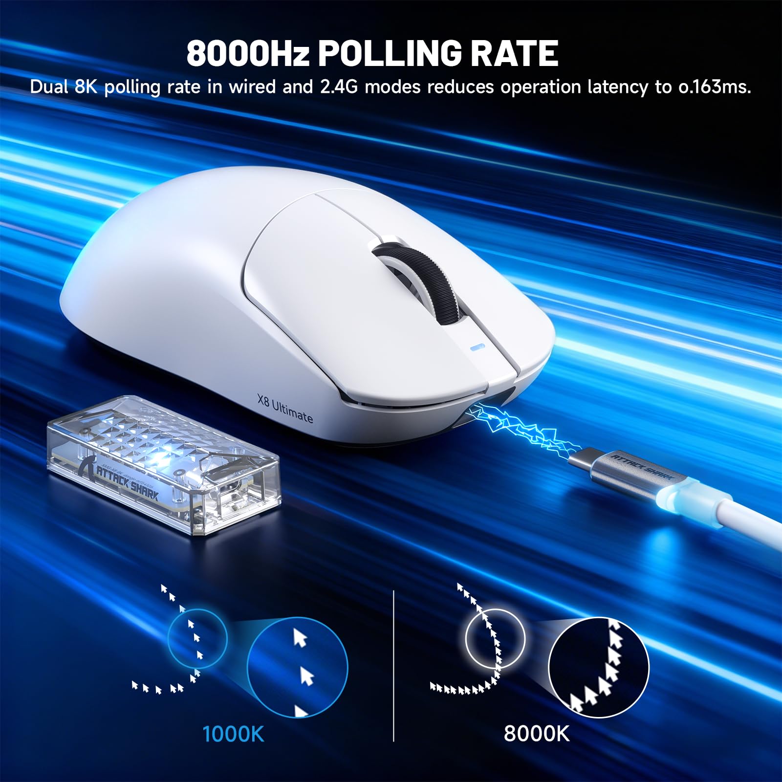 ATTACK SHARK Série X8 Souris Gaming sans Fil, 55–65 g Ultra-Légère, Capteur PixArt PAW3395/3950, Bluetooth/2.4G & USB, Jusqu’à 42 000 DPI, Câble LED C06 Ultra (Blanc, X8 Ultimate)