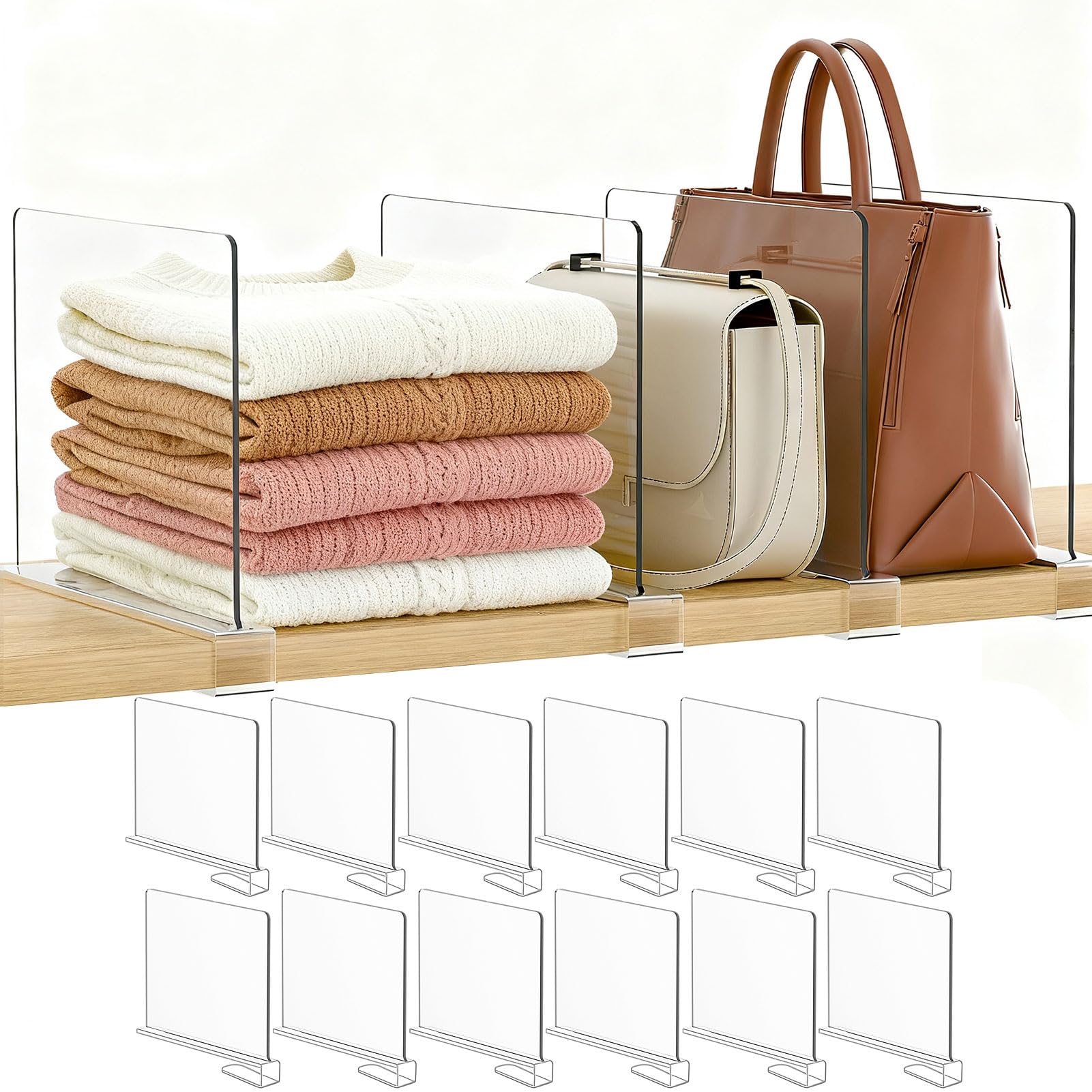 Saccik Purse Organizer for Closet Shelf Dividers: Clear Acrylic 12-Pack