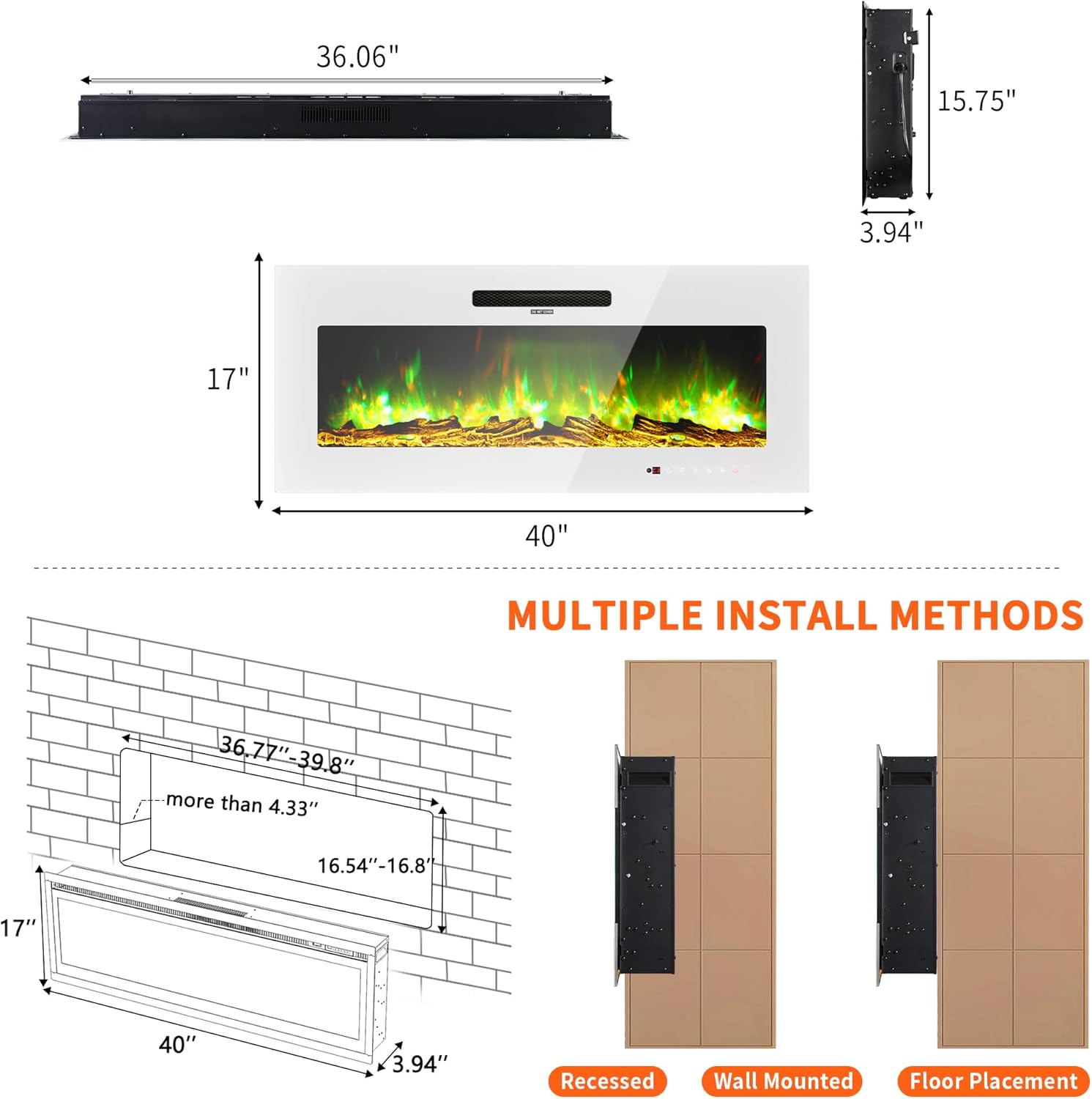 Image showing five levels of flame brightness, from dim to very bright, with text '5 Level Flame Brightness'.
