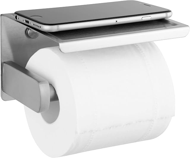 Polarduck Toilet Roll Holder with Phone Self, Stick on Toilet Roll Holder for Bathroom, SUS 304 Stainless Steel, Two Installation of Self-Adhesive and Wall Mounted, Brushed Nickel, (Silver)