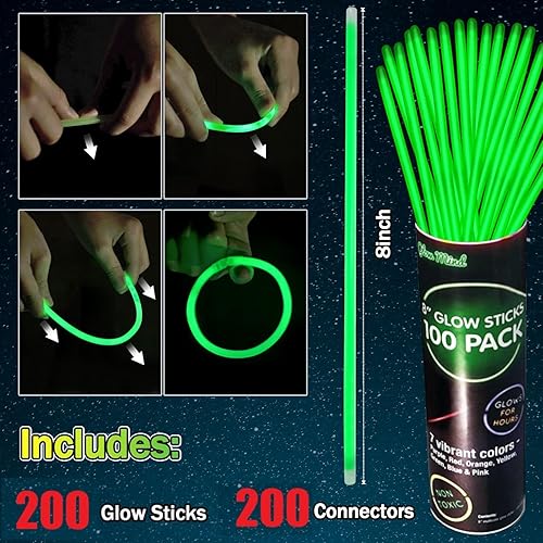 Miniatura 8 de NUDALA 200 pulseras de palitos brillantes rosas a granel que brillan en la oscuridad suministros de fiesta de 8 pulgadas con conectores juguetes de