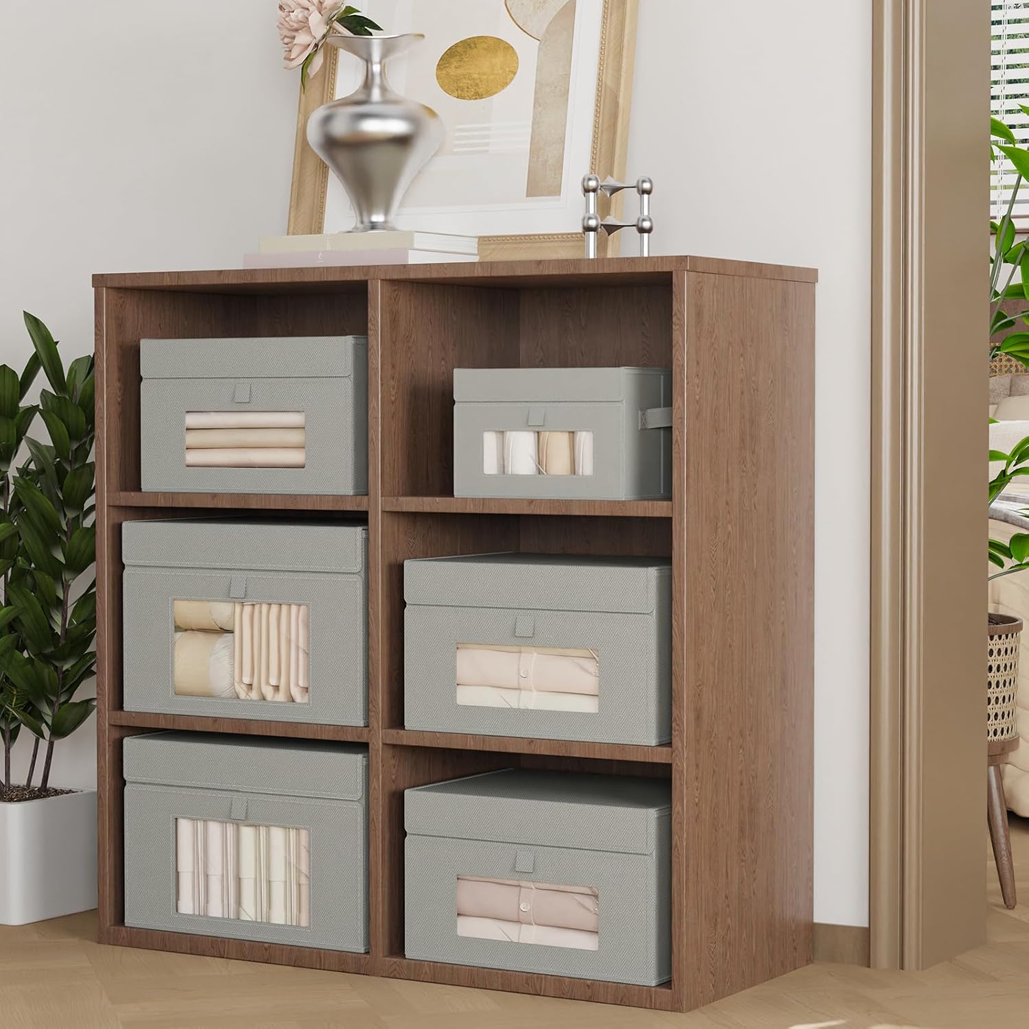 Transparent Window Storage Bin, Cube Organizer Basket with Flip-Top Lid and 2 Handles, Decorative Boxes with Cover, 4 Pack, Grey, 13 x 9 x 7.9 In, XSNY17GM-4