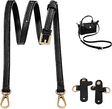 Mini Bag Strap Kit for Longchamp, Adjustable Leather Crossbody Shoulder Strap for Small Pouches, Purses and Handbags Black Gold