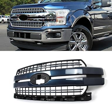 Front Upper Grille Assembly Fits 2018-2020 Ford F150 Lariat Style | N1 Blue Jeans Metallic Shell with Black Base Bumper Grill Replace for JL3Z8200HB JL3Z8200GB