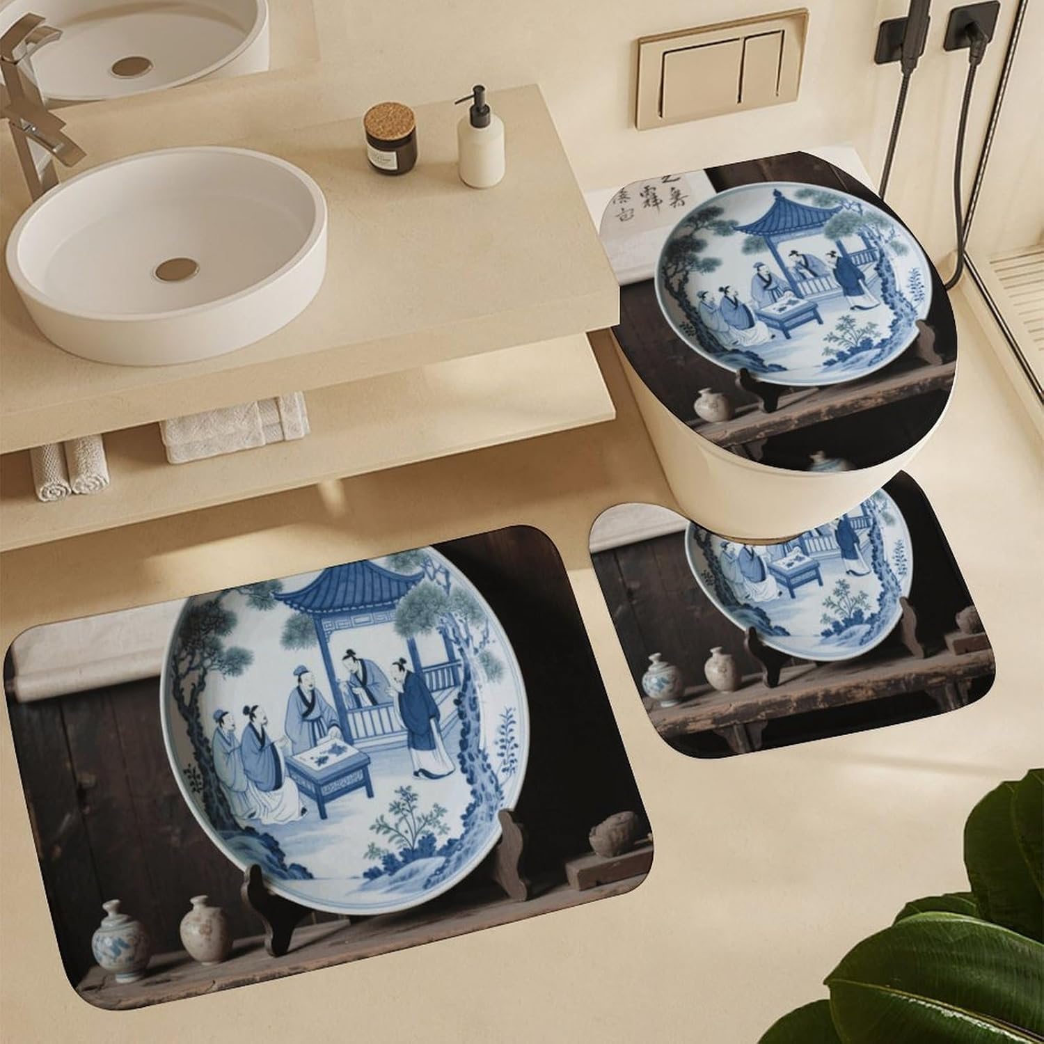 Blue and White Porcelain Shower Curtain Set 4 Piece, Non-Slip Bath Mat with Toilet Lid Cover and Waterproof Shower Curtain with 12 Hooks, Complete Bathroom Set for Home Decor