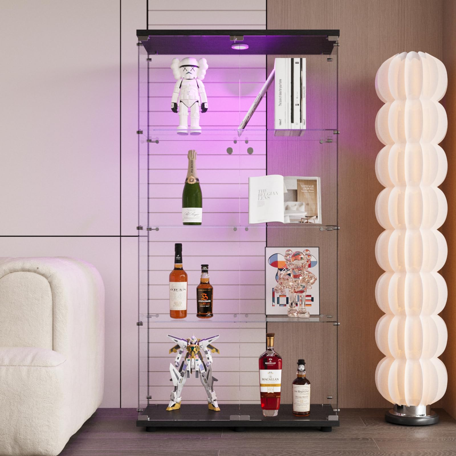 Vitrina de cristal con LED, Vitrina de cristal templado, 4 estantes de cristal, con 2 puertas y candado, vitrinas para figuras de armario, para salón, oficina, objetos de colección (Negro +