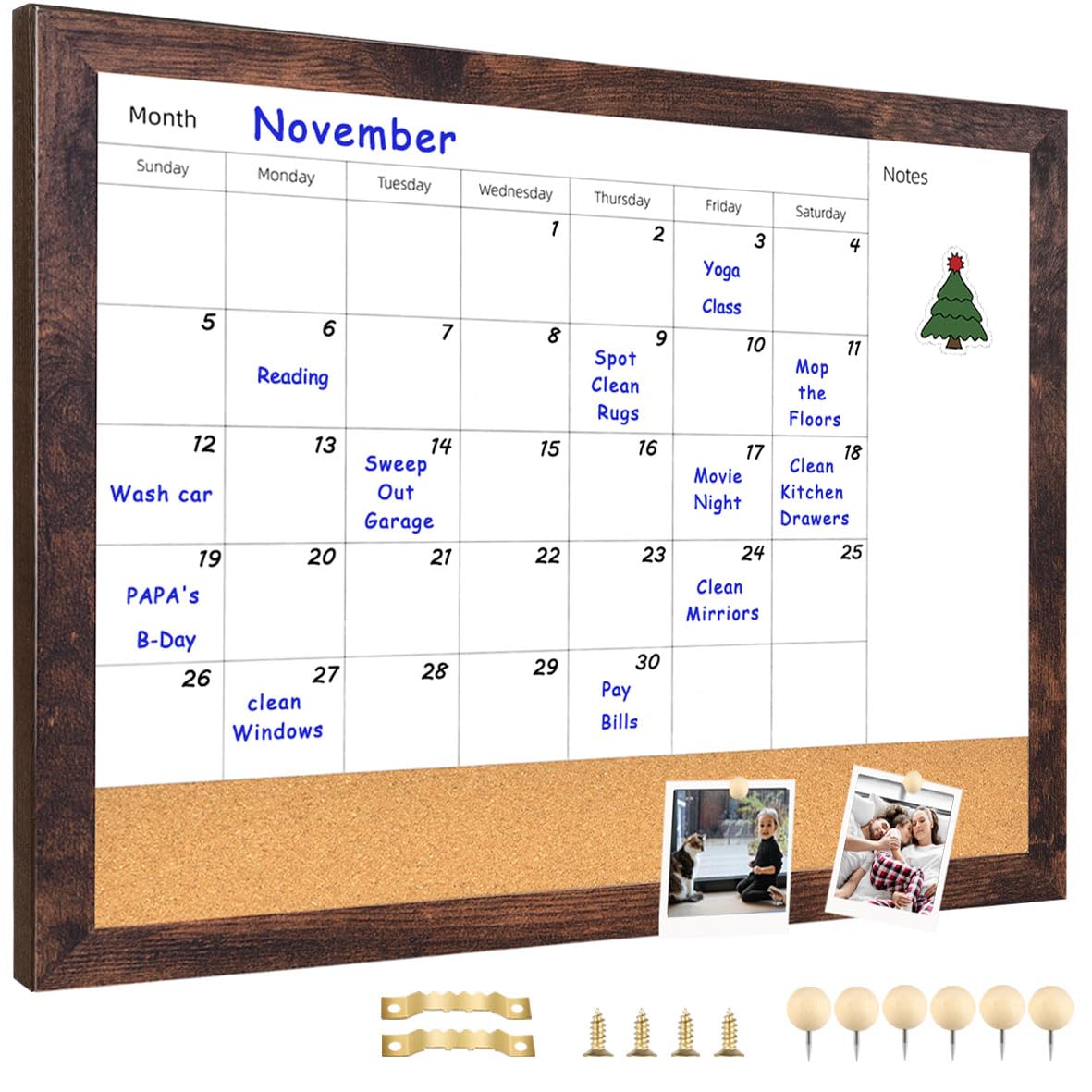 Umtiti Monthly Calendar Dry Erase White Board & Cork Bulletin Board,13" x 17" Black Wood Frame,Magnetic Surface Whiteboard.Perfect for Organizing Your Space.Whiteboard+Cork-3343B-BK