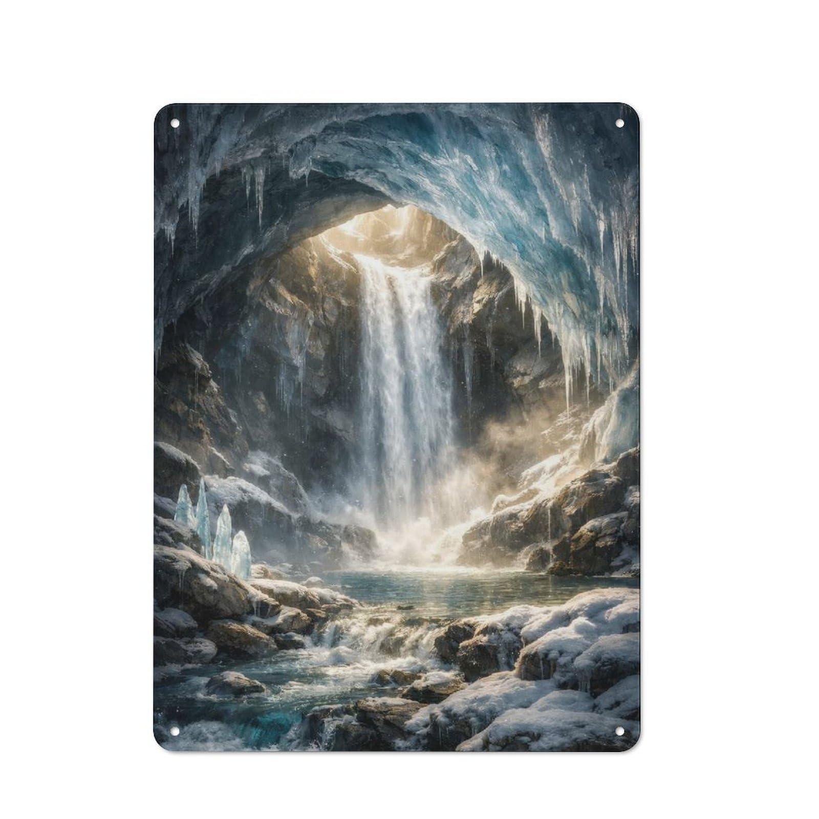 Frozen Waterfall Cave Workshop Style Metal Wall Decor 40x30cm, Decorative Metal Plaque for Garage, Workshop, Shed Or Utility Room