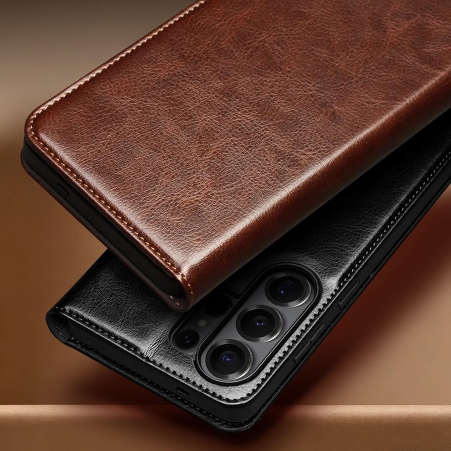 Genuine Leather Case for Samsung Galaxy S26/S26 Plus/S26 Ultra, Lightweight Durable Shockproof Cover, with Card Holder and Stand Magnetic Case(Brown,S26 Ultra)