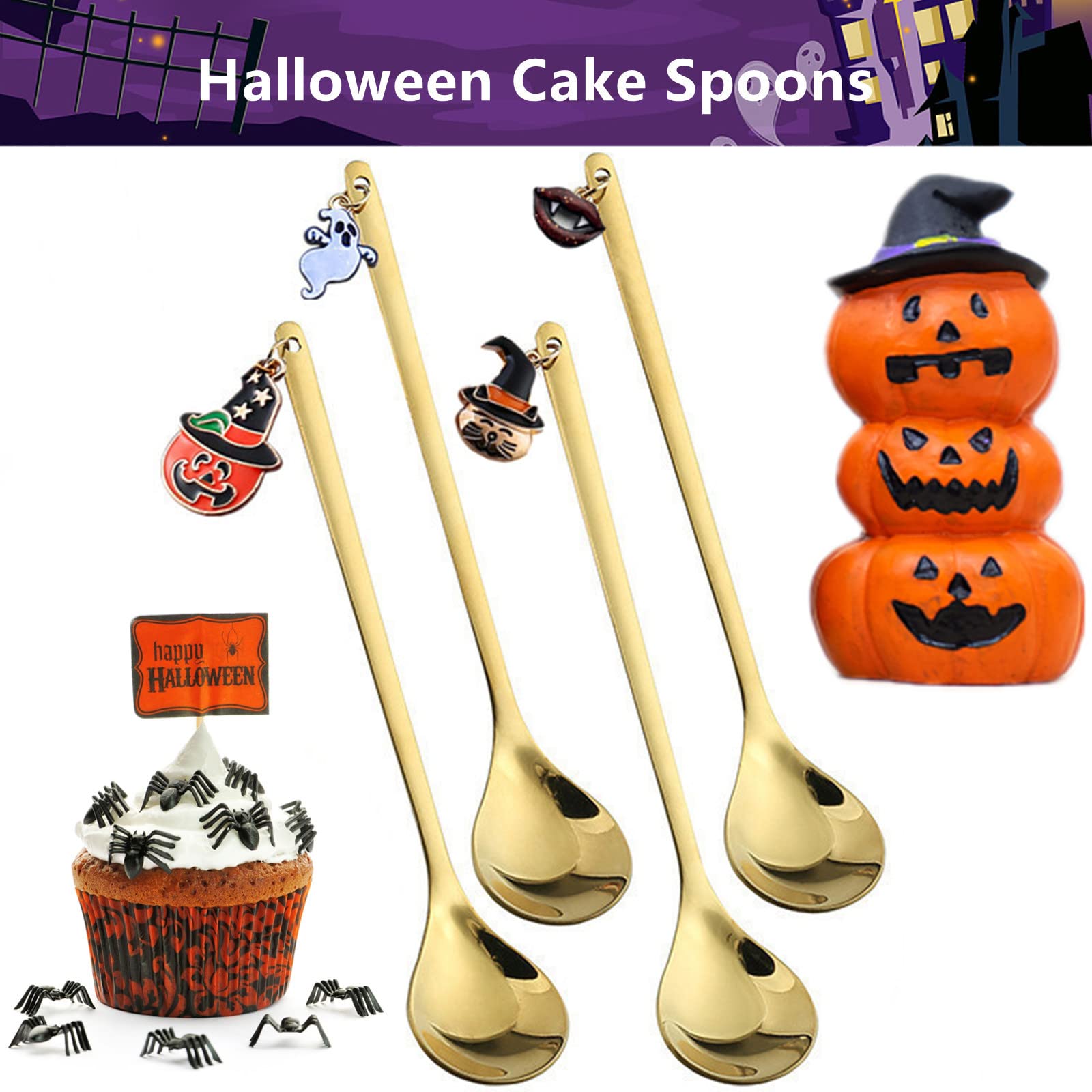 Acewen Halloween Coffee Spoons 4-Pack - Stainless Steel Spoons With Pumpkin, Ghost, Bat & Spider Web Charms