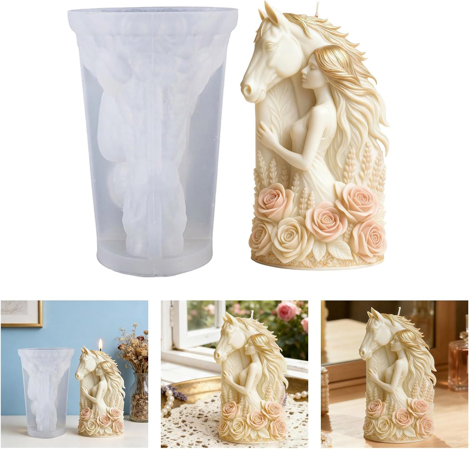 3D Horse Girl with Flower Silicone Candle Mold for Aromatherapy Candle, DIY Goddess Plaster Resin Casting, Elegant Home Decor, Irregular Shape, People Theme (Pack of 1)-picture-21
