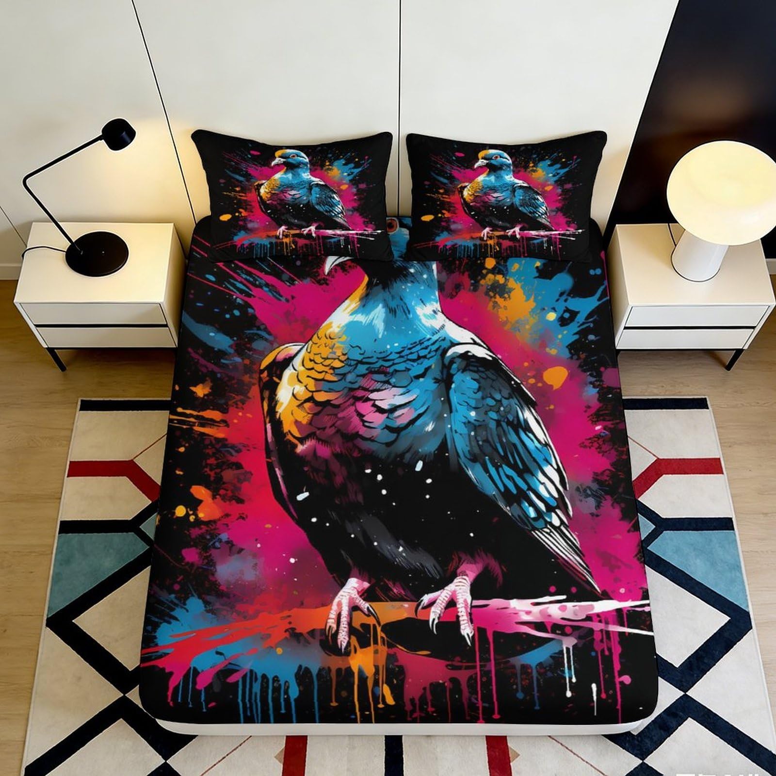 3D Printed Graffiti Bird Fitted Sheet Microfiber Vibrant Urban Art Mattress Cover for Bedroom Dorm Decor 90x200x25cm