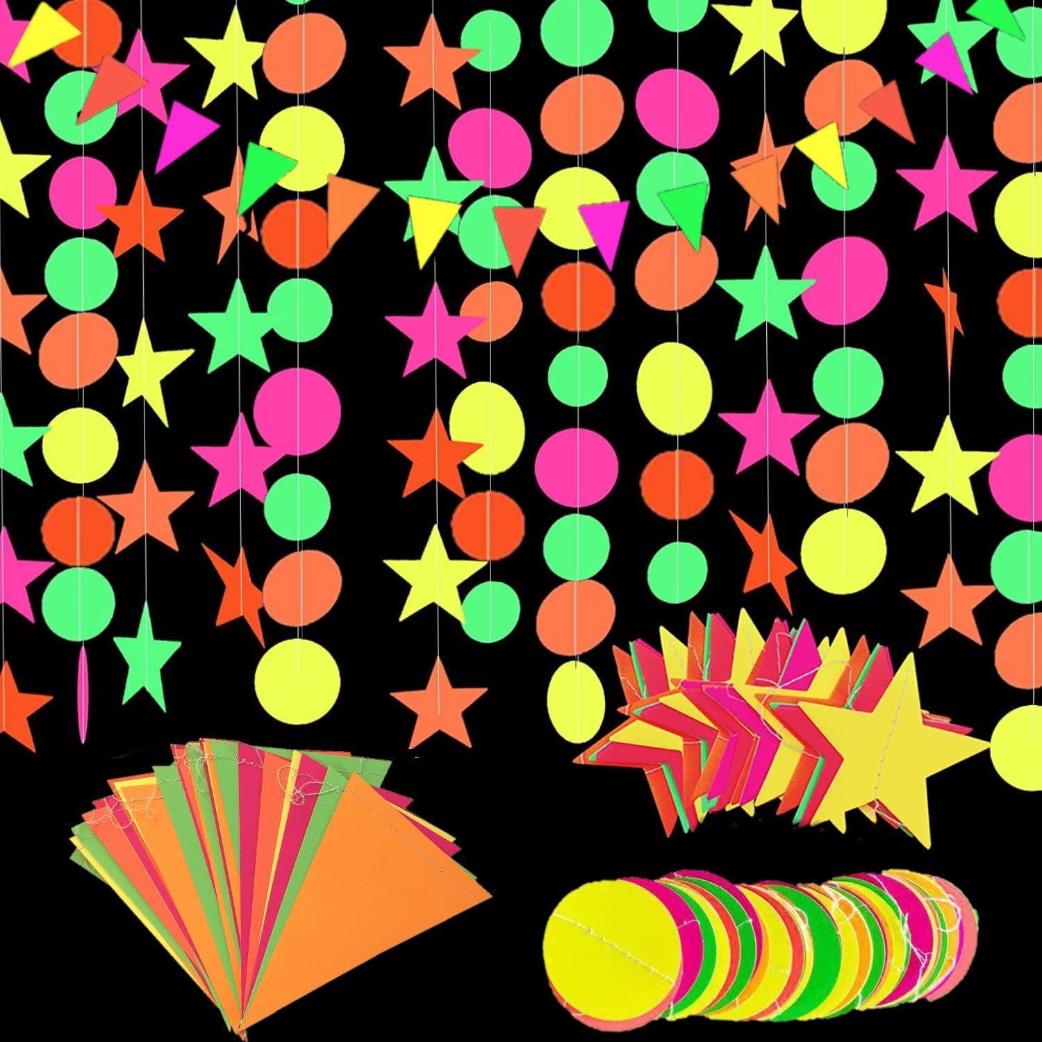 KARLOR Black Light Party Decoration, 3 Shapes/4.4 Metres Each Neon Luminous Garlands Under UV Light, Star Circle Dot Bunting - Image 2