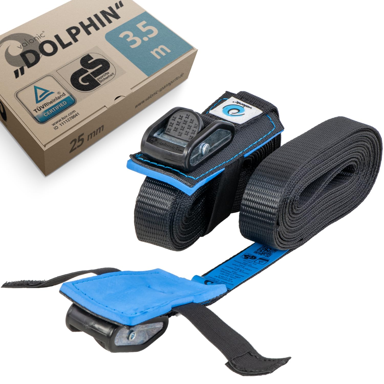 valonic DOLPHIN - 2x 3.5m tie down straps, 25mm, 500Kg, protection pad, TÜV Rheinl. / GS certified, EN-12195-2 - cam buckle, for roof rack, surfboard, kayak and paddle board, black