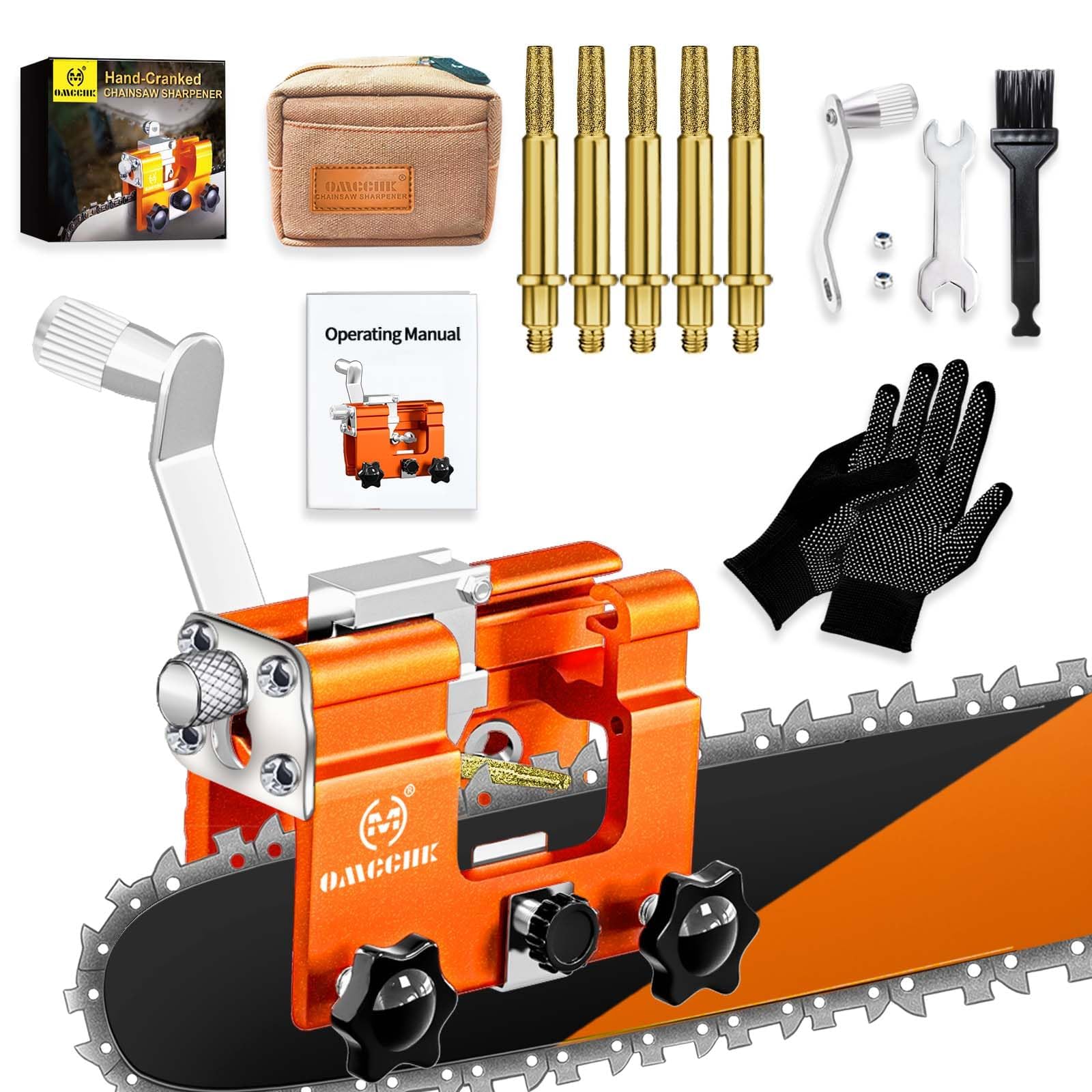 Chainsaw Sharpener Jig with Carry Bag, Portable Chain Saw Sharpener Tool with 5 Sharpening Burrs, Universal Chain Saw Blade Sharpener, Manual Chainsaw Sharpening Kit for 4-22" Saw Chain