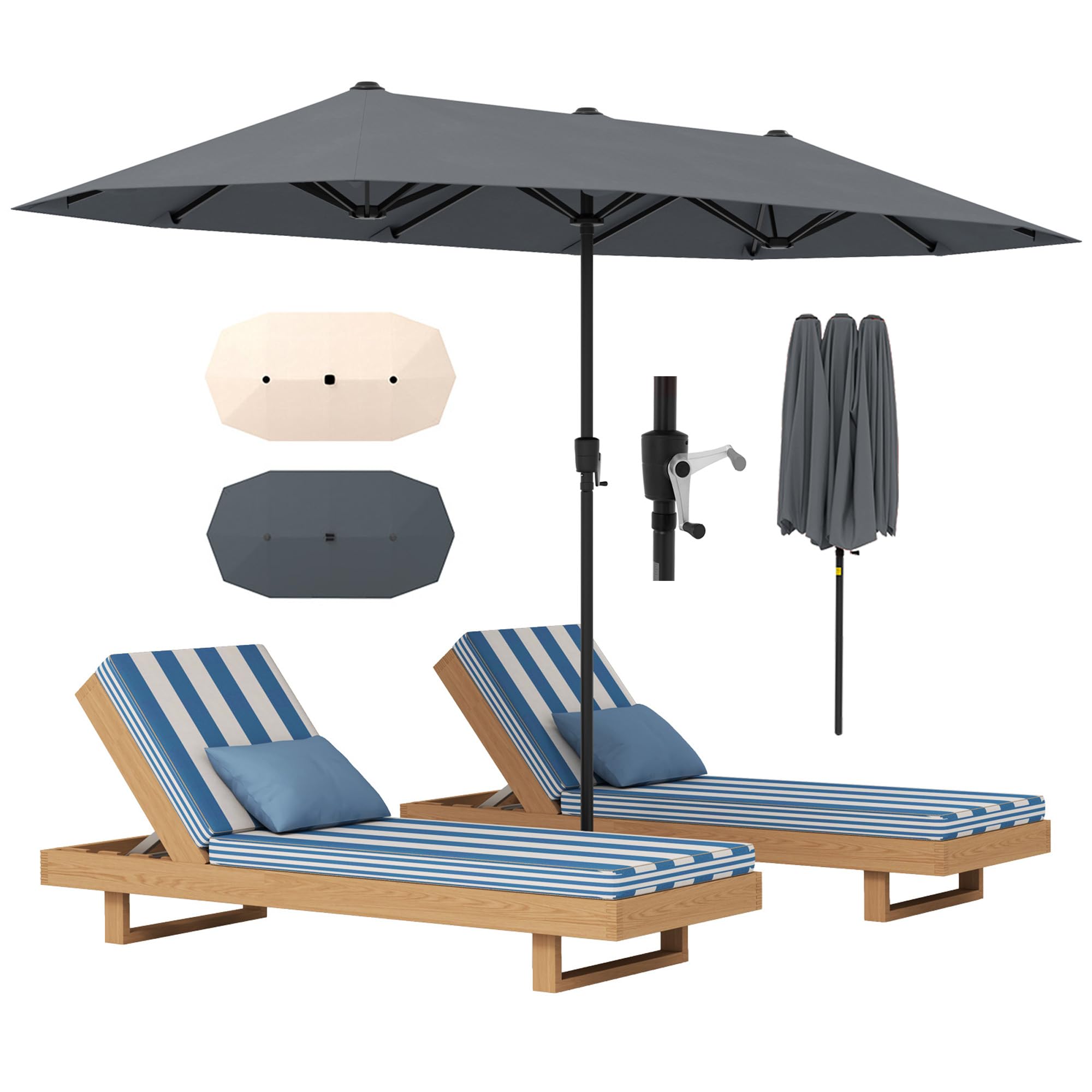 RELAX4LIFE Grand Parasol Double 4x2 M, Grand Parasol de Jardin Extérieur avec Manivelle, 12 Baleines, Toile Polyester Hydrofuge, Protection Solaire, Montage Facile pour Terrasse, Piscine (Gris)