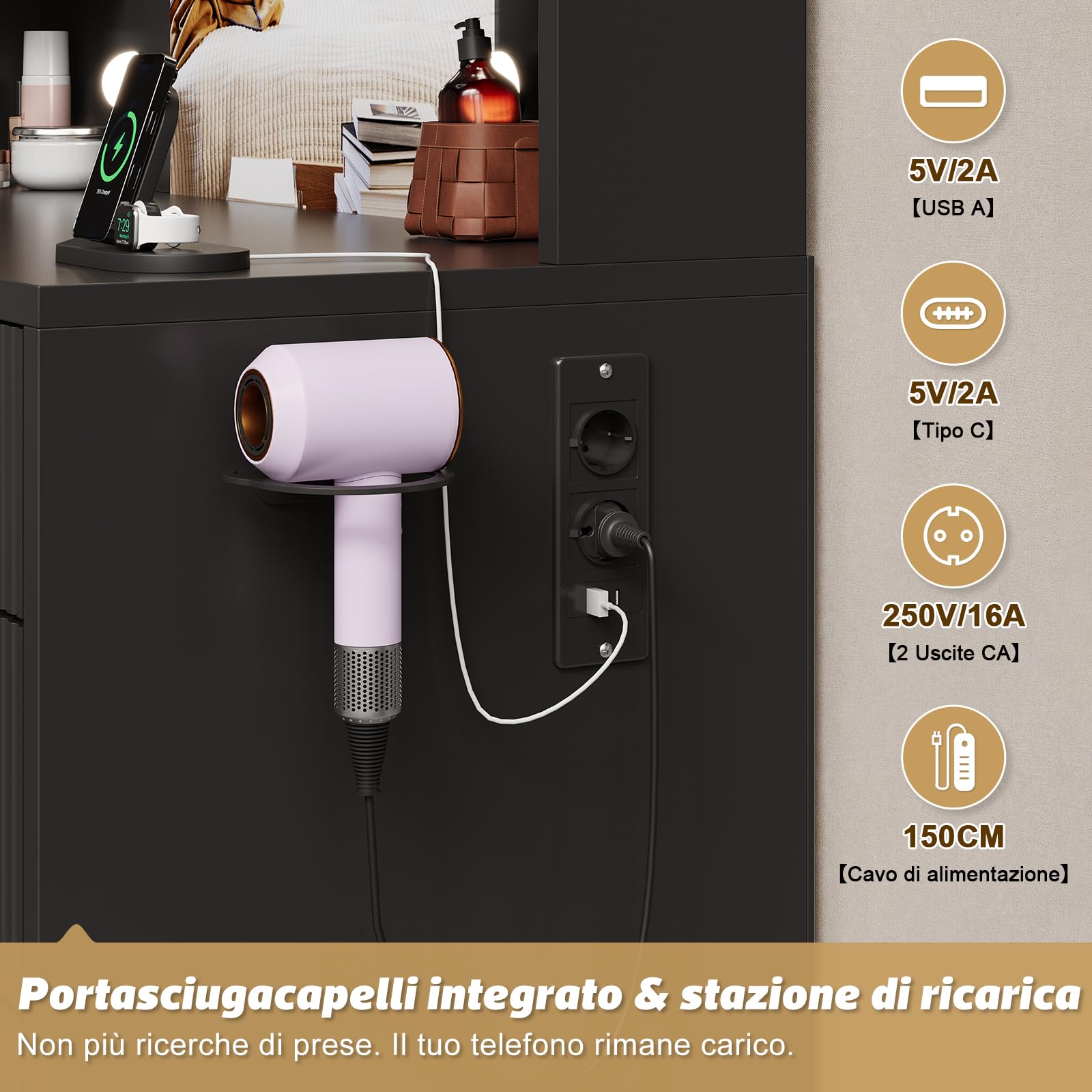 Devoko Mobile da Trucco Moderno con Illuminazione e Presa - Grande Comodino con Specchio, 9 Cassetti e Porta Phon, Tavolo Vanity per il Make-up (Nero)