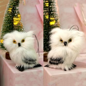 Set of 2 Plush Mini Snow Owl Figurines | Christmas Tree Hanging Ornaments, Home Decor Realistic Owls Replica, Woodland Animal Wreath Embellishment