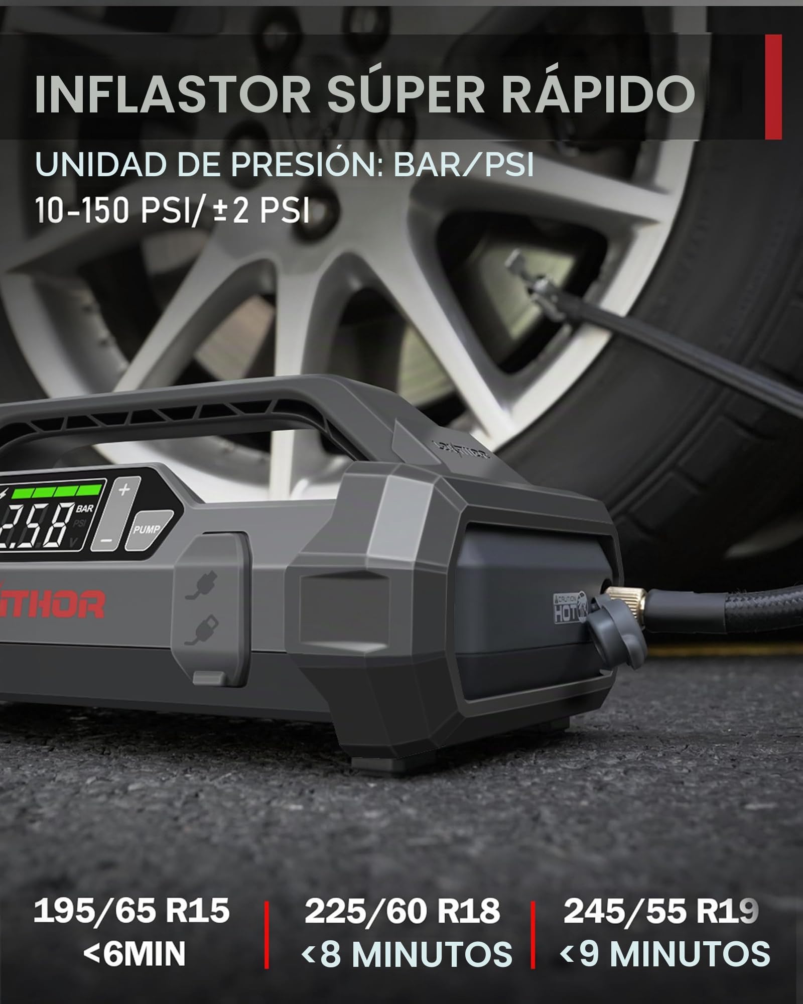 LOKITHOR JA300 Arrancador de Coche 1500A con Compresor 150 PSI | Compresor de Aire de 150 PSI y Pantalla Digital, para Motores de Gasolina 7,0L y Diésel 4,5L