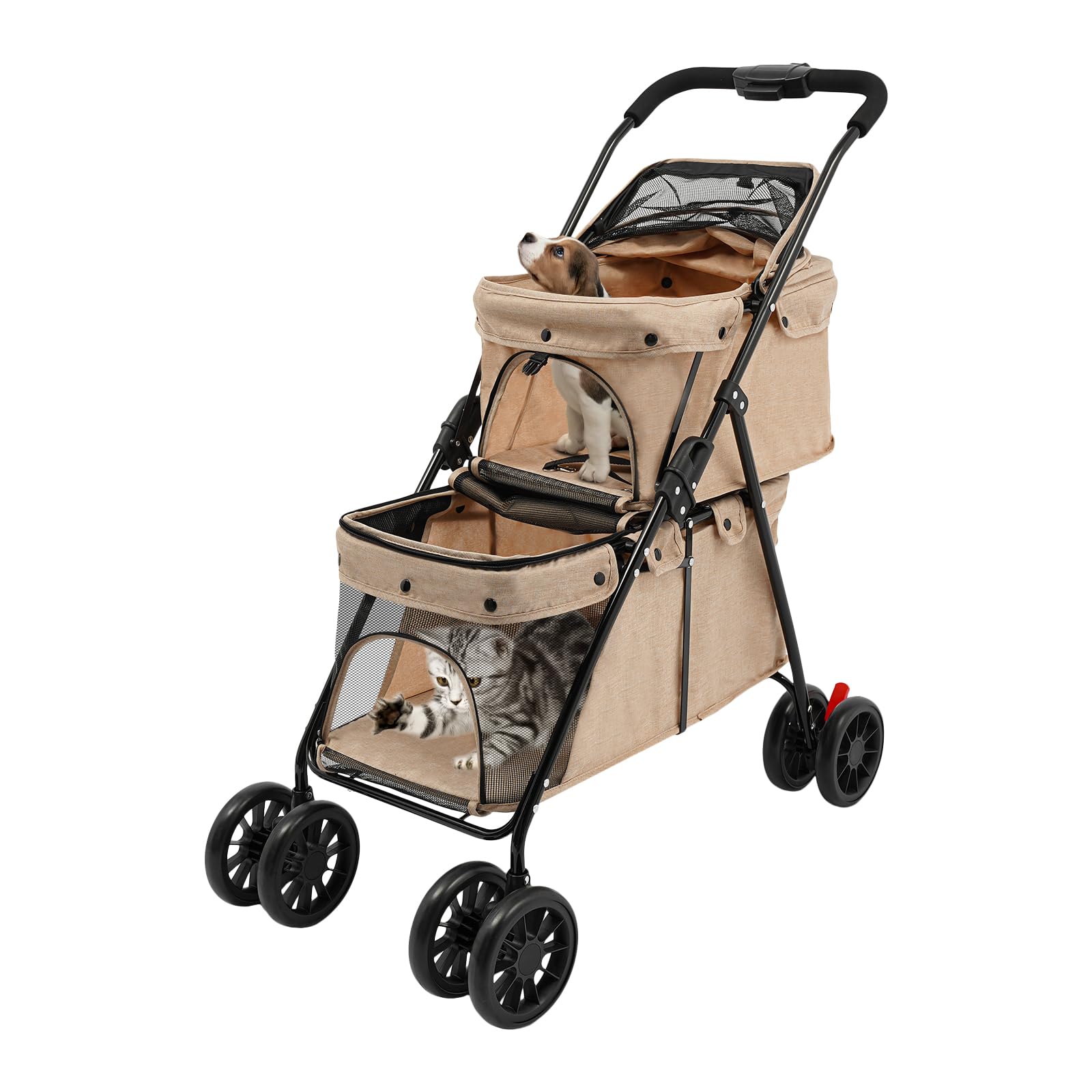 Passeggino doppio per cani pieghevole a 2 piani per cani e gatti fino a 20 kg, passeggino portatile per animali domestici con finestre a rete (kaki)