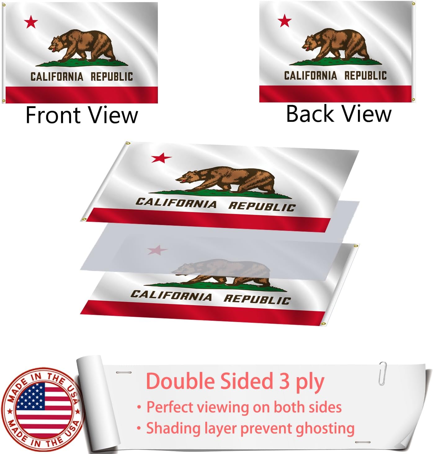 California Flag 3x5 Outdoor Made in USA - Double Sided Heavy Duty Vivid Color California Bear Flag with 2 Brass Grommet