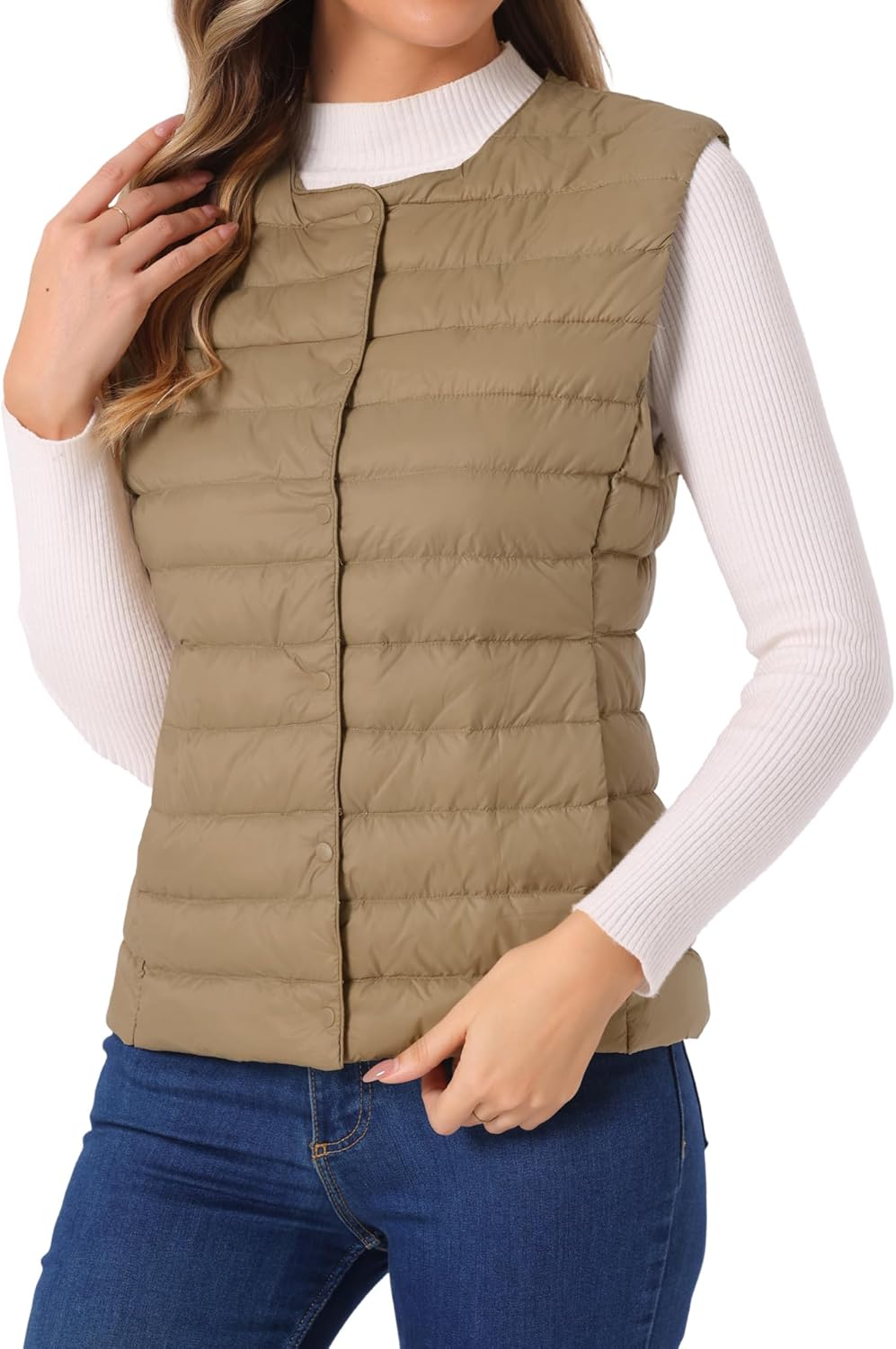 Allegra K Women's Puffer Vest Sleeveless Lightweight Button Up Quilted Round Neck Jacket Coat