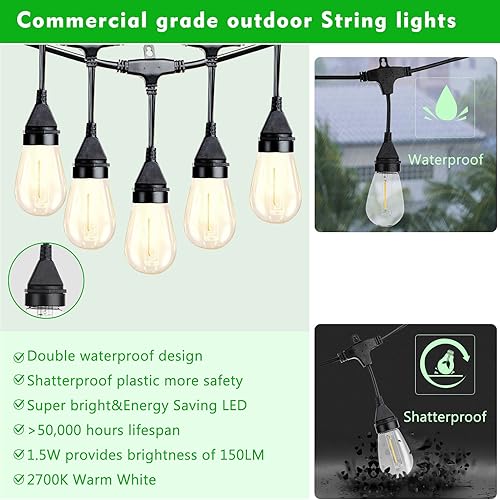Miniatura 7 de Cadena de luces para aire libre de grado comercial 52 pies resistente a la intemperie- Lista de resistencia UL- 24 luces colgantes perfecto para