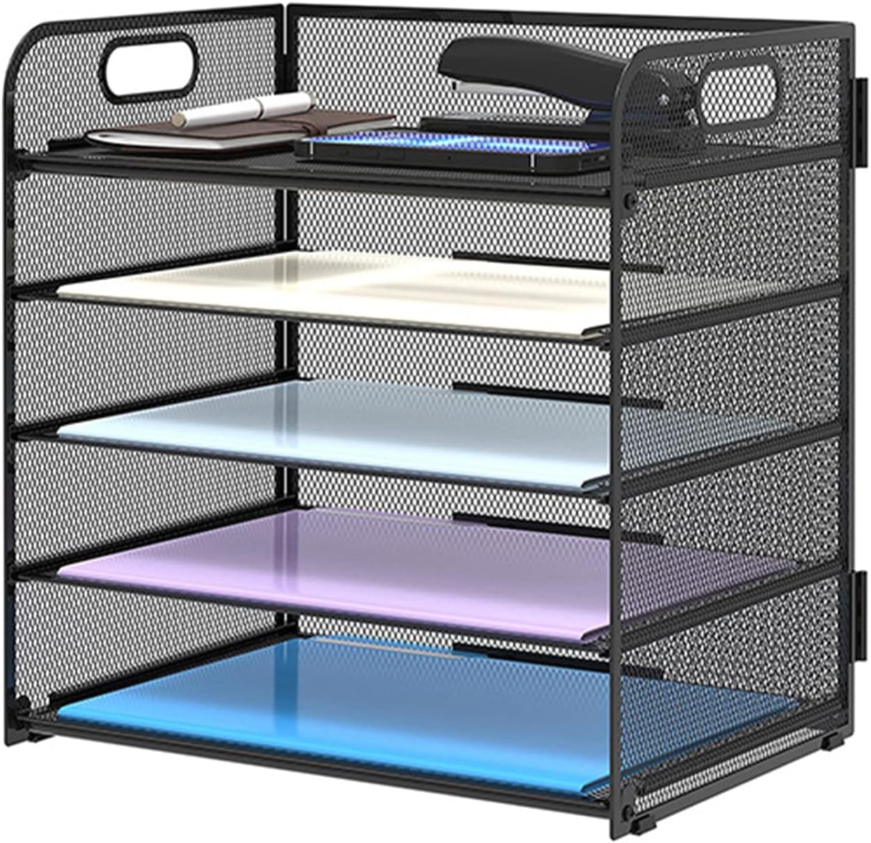 SOONHUA 5-Tire Schreibtisch Organizer, Schreibtisch Ablagefächer aus Mesh, Papier Dokumenten Ablage Regal, Aktenablage Desk Organizer für Zuhause,Büro und Schule