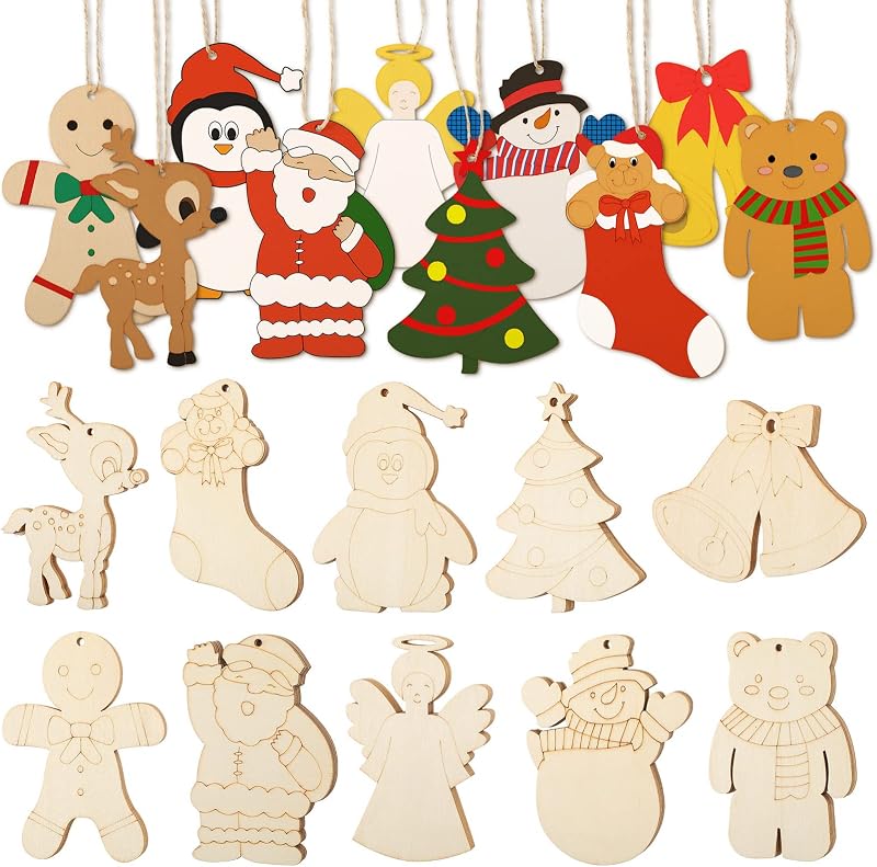 WILLBOND 60 Pcs DIY Unfinished Wooden Christmas Ornaments