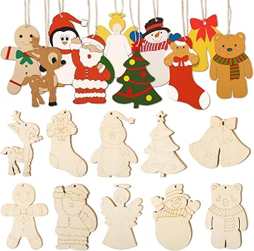 WILLBOND 60 Pieces DIY Unfinished Wooden Christmas Ornaments Wood Paintable Christmas Ornaments to Paint Holiday Hanging Ceramic Decorations with Rope for Embellishments Crafts Centerpieces