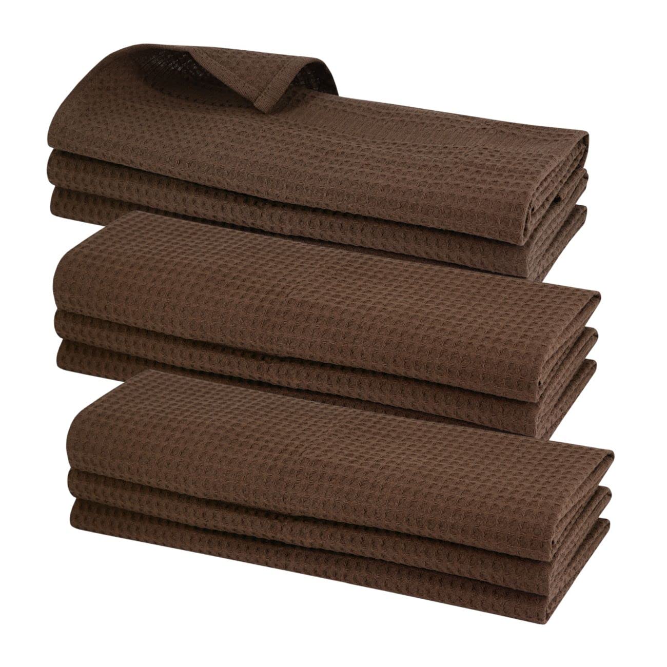 Gariella Lot de 9 torchons 100 % coton gaufré marron foncé/chocolat