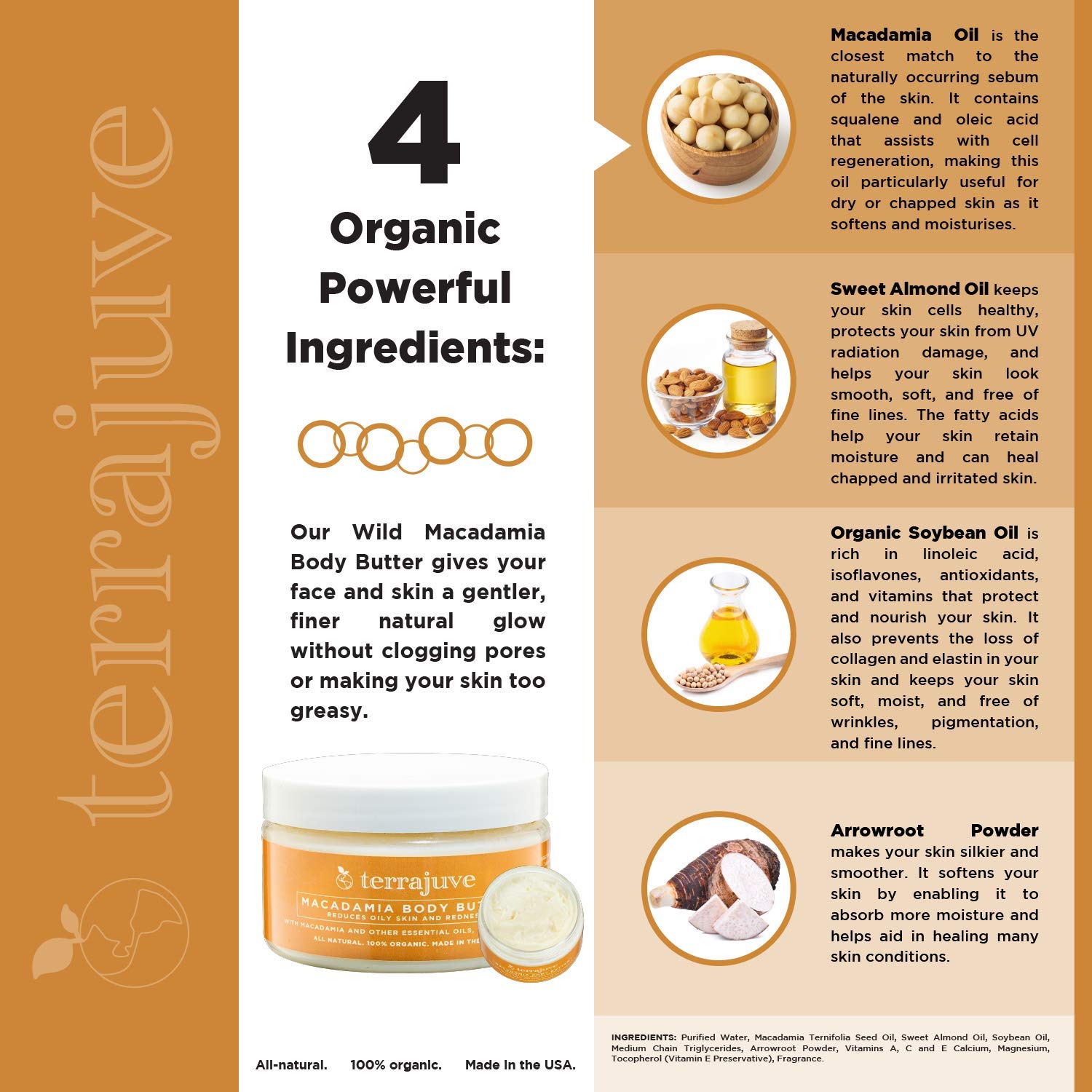 Terrajuve Organic Macadamia Body Butter Lotion, Reduces Oily Skin, 100% Pure, All Natural, Made in USA (4 Oz)