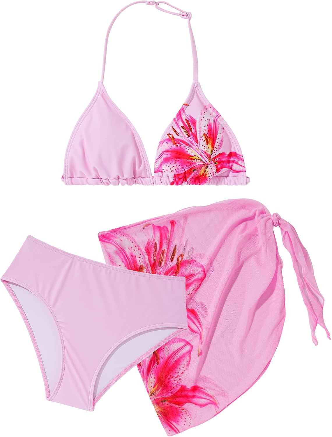 Girls 3 Piece Bikini Set Floral Printed Halter Swimsuit V Neck Wireless Swimwear with Cover Up Skirt 8-12 8 Years